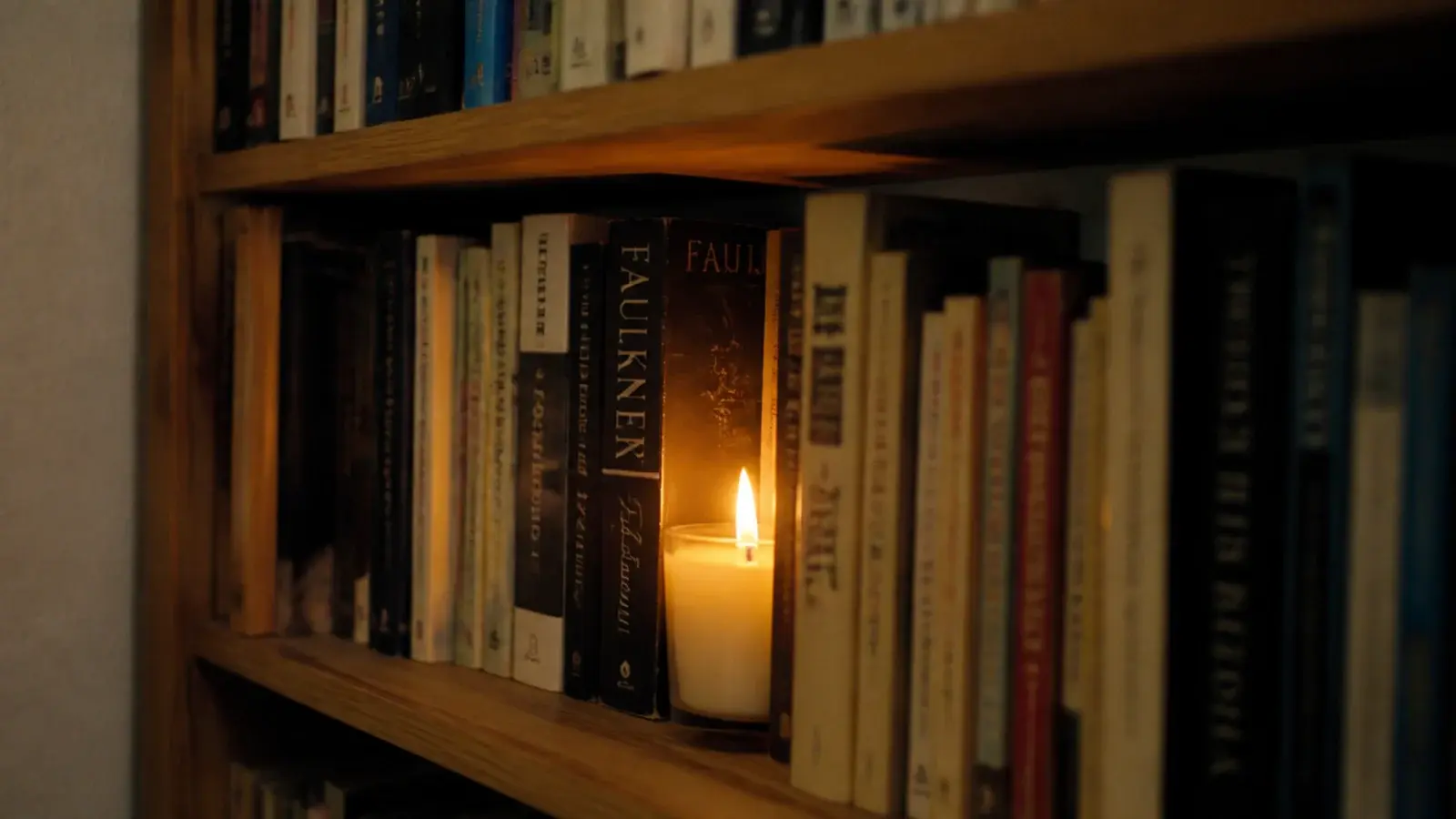 lit candle wedged between paperback books on a crowded shelf