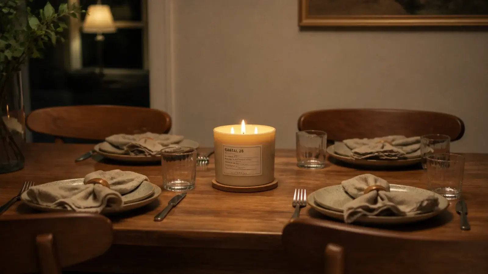strongly scented candle burning between plates on a set dining table