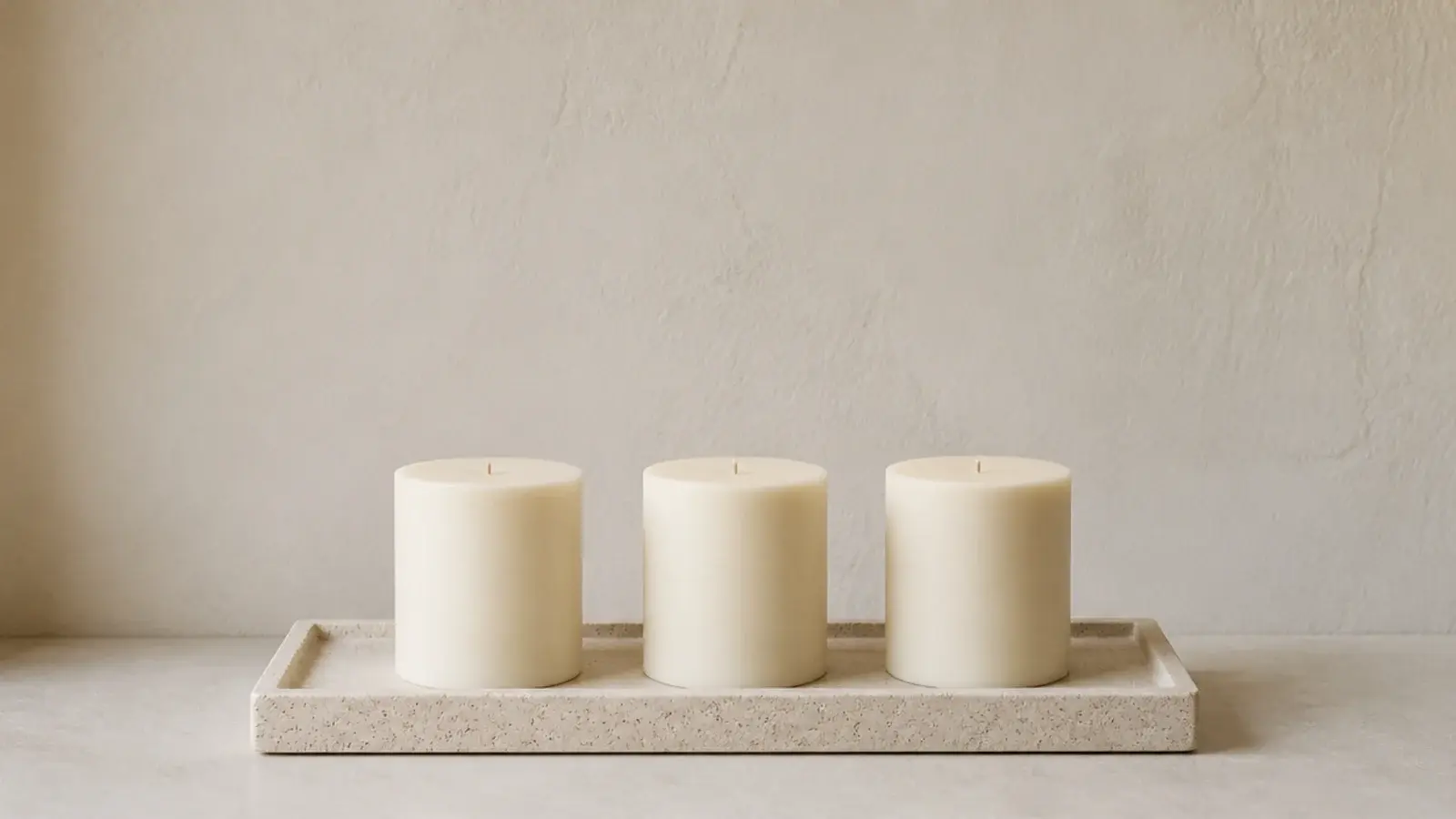 calm corrected candle grouping on a stone tray with generous clear space