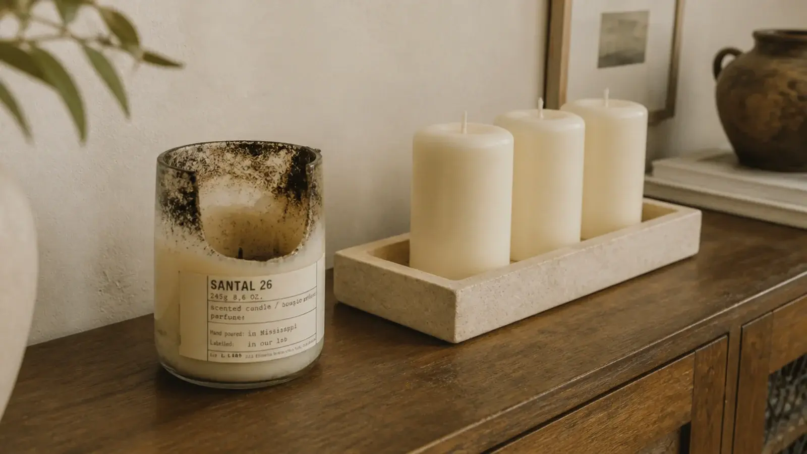 honest candle decor mistakes scene with tunneled wax beside a corrected tray