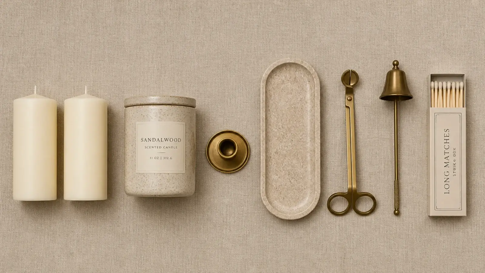 flat lay of candles trays brass holders trimmer and snuffer on linen