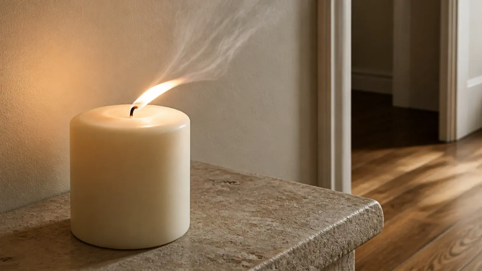 candle flame leaning sideways in a draught near an open hallway door