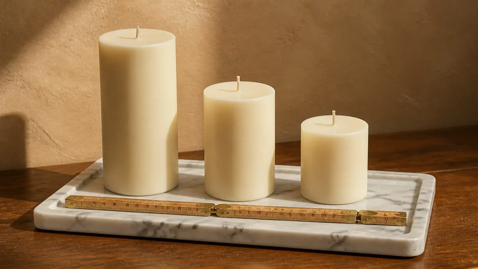 three pillar candles at six four and three inches on a marble tray