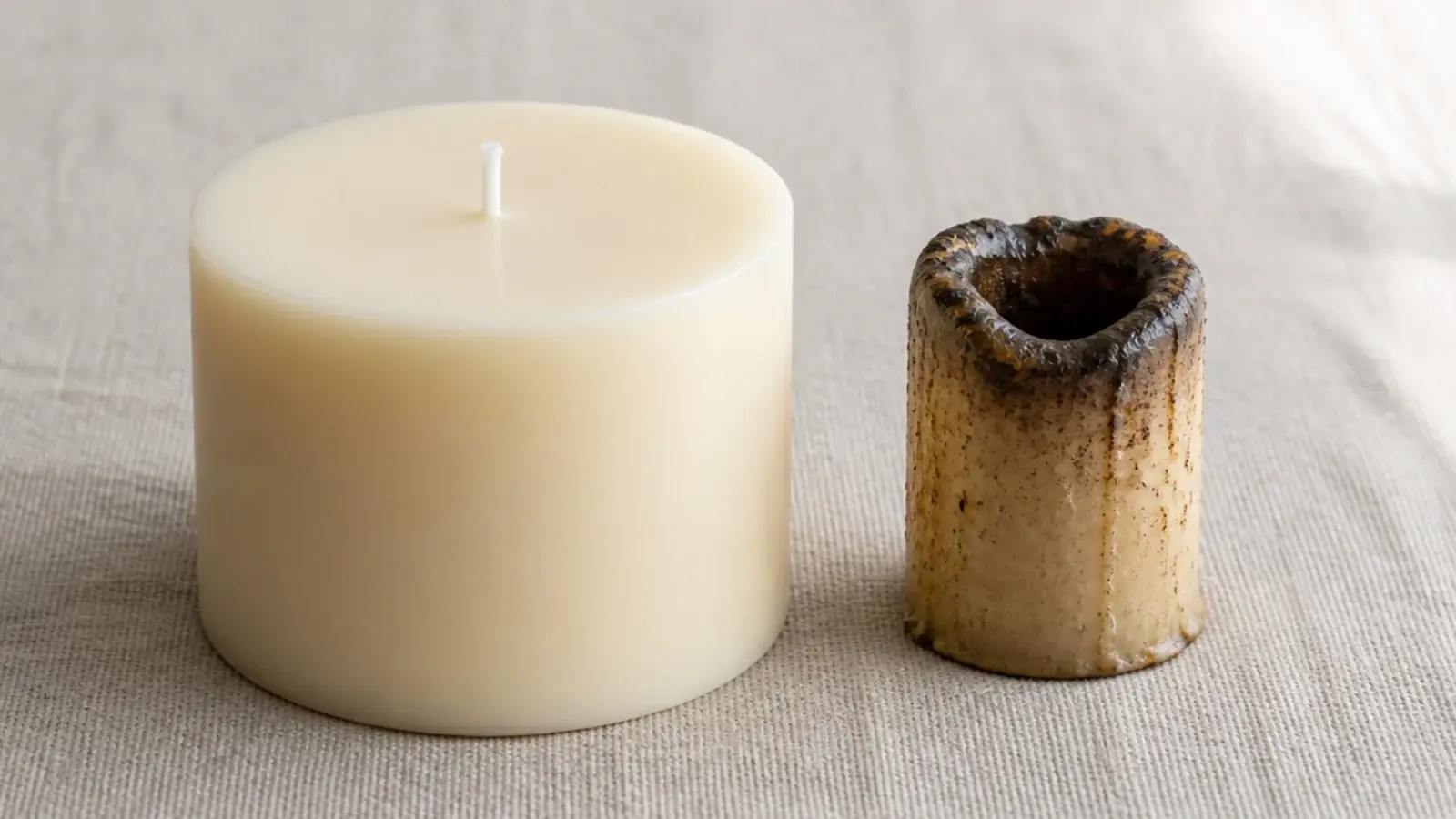 wide three inch pillar candle beside a narrow tunneled candle stub