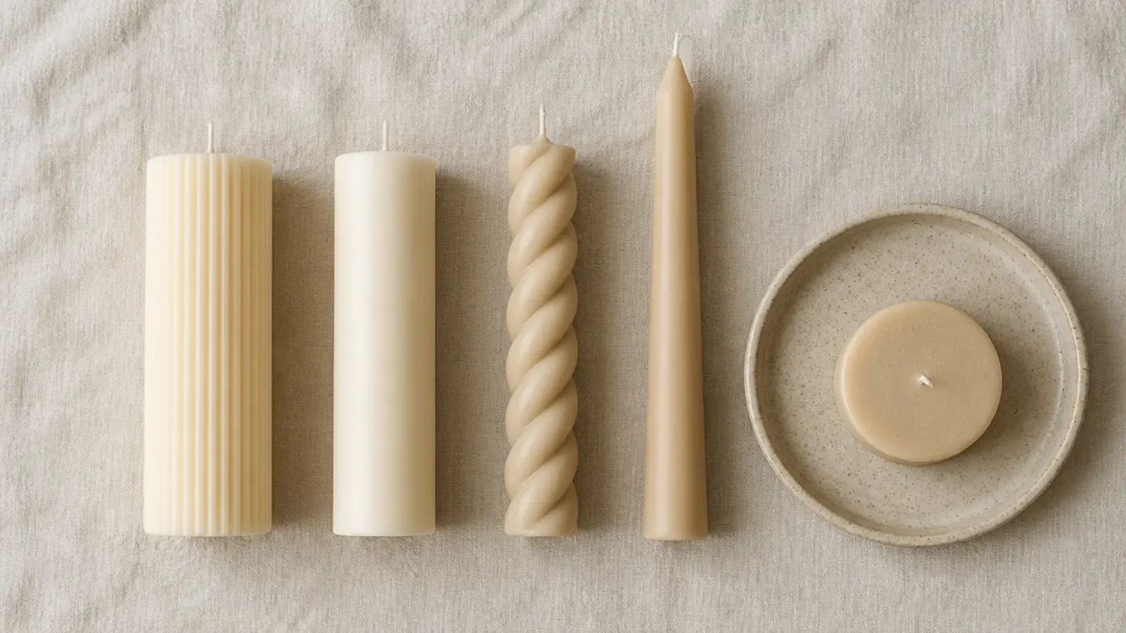 ribbed twisted and smooth candles in one cream and sand color family