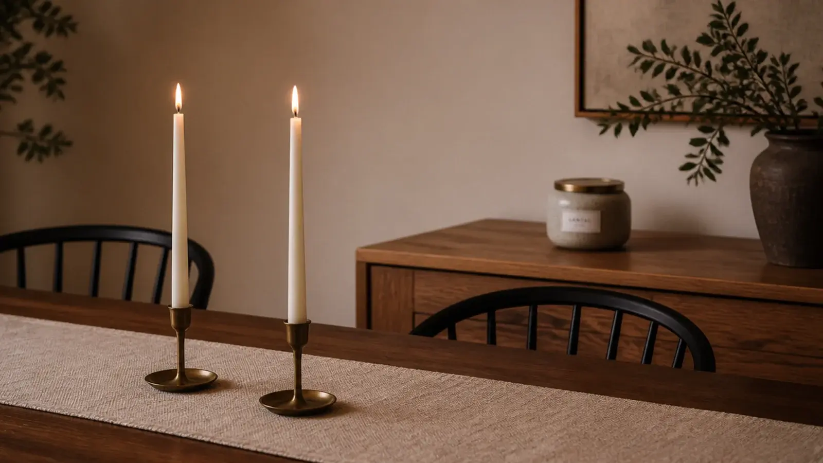 unscented tapers on a dining table beside a scented jar on a console