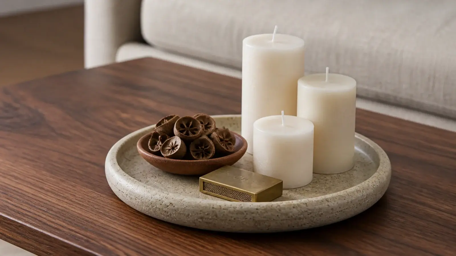 lipped stone tray gathering three candles into one styled arrangement