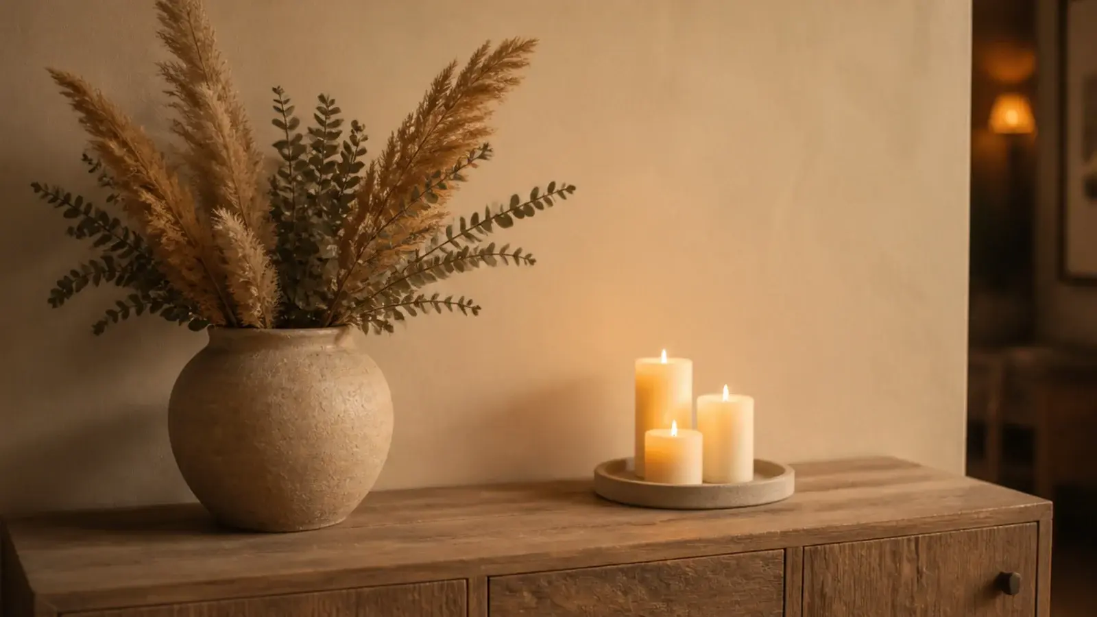 dried grasses placed a foot away from a glowing candle grouping