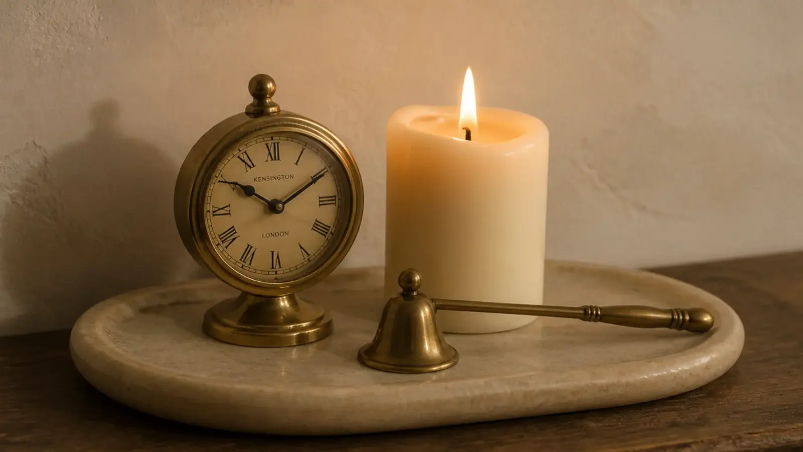 small brass clock beside a burning pillar candle on a stone tray
