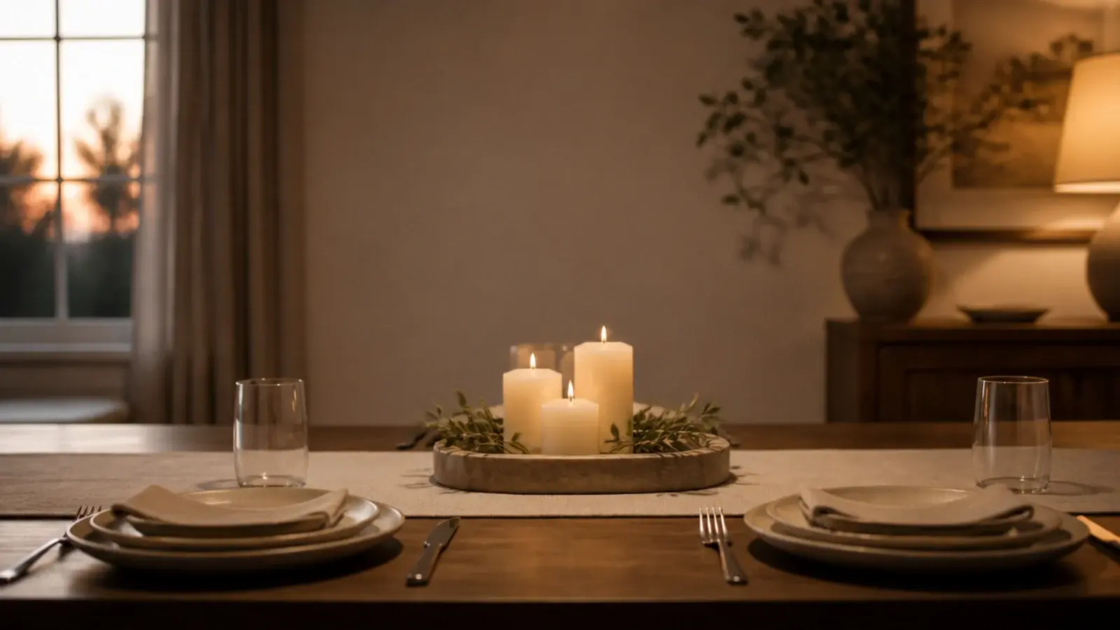 low candle centerpiece seen across a dining table at seated eye level