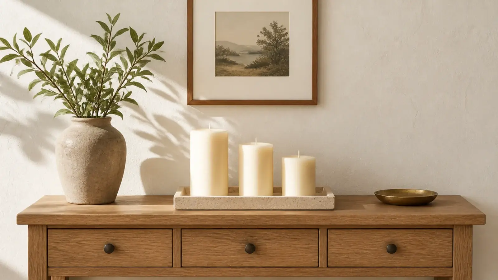 unlit candle grouping styled on a console during bright daylight