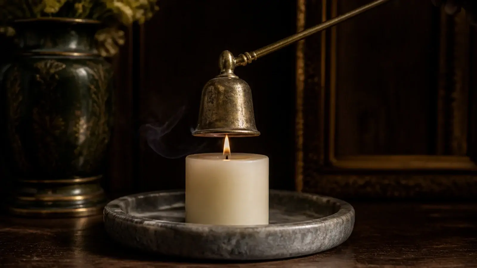 brass bell snuffer lowering over a burning candle wick on a tray