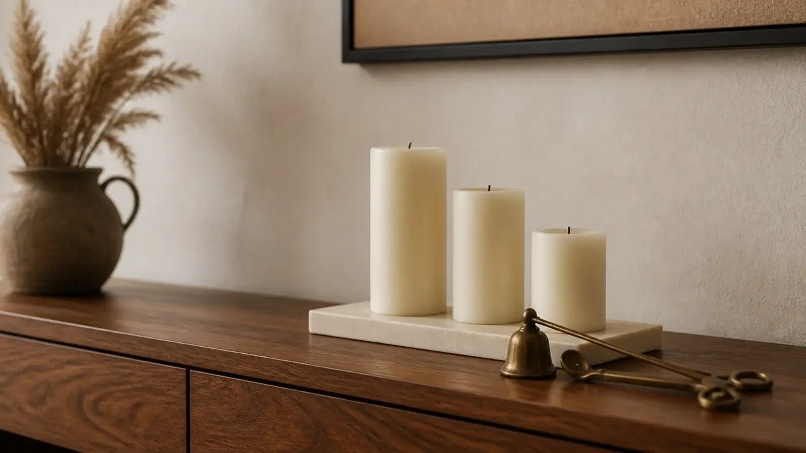 candle styling setup with three pillars a brass snuffer and stone tray