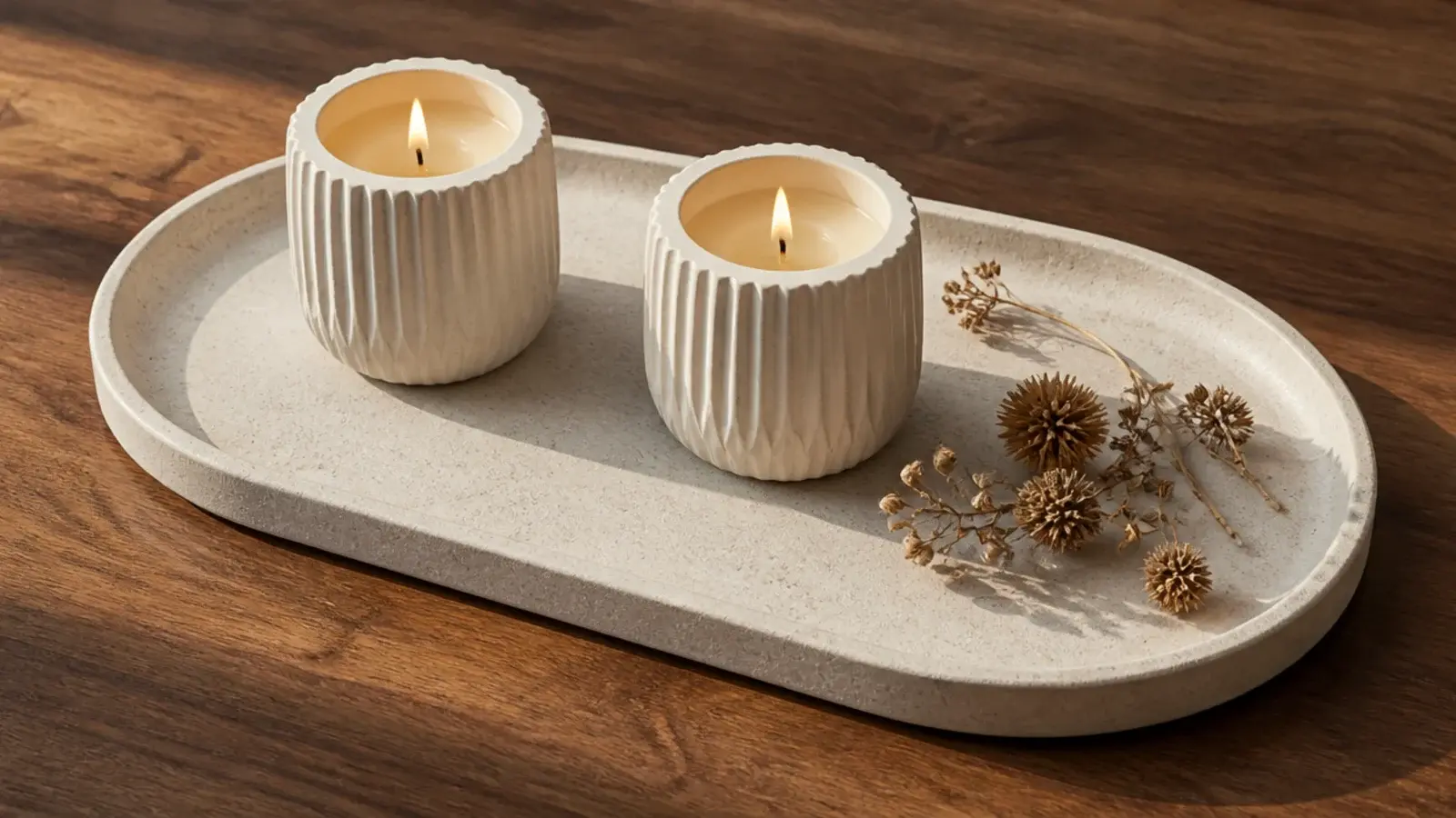 wide oval stone candle tray holding two jar candles with clear margin around