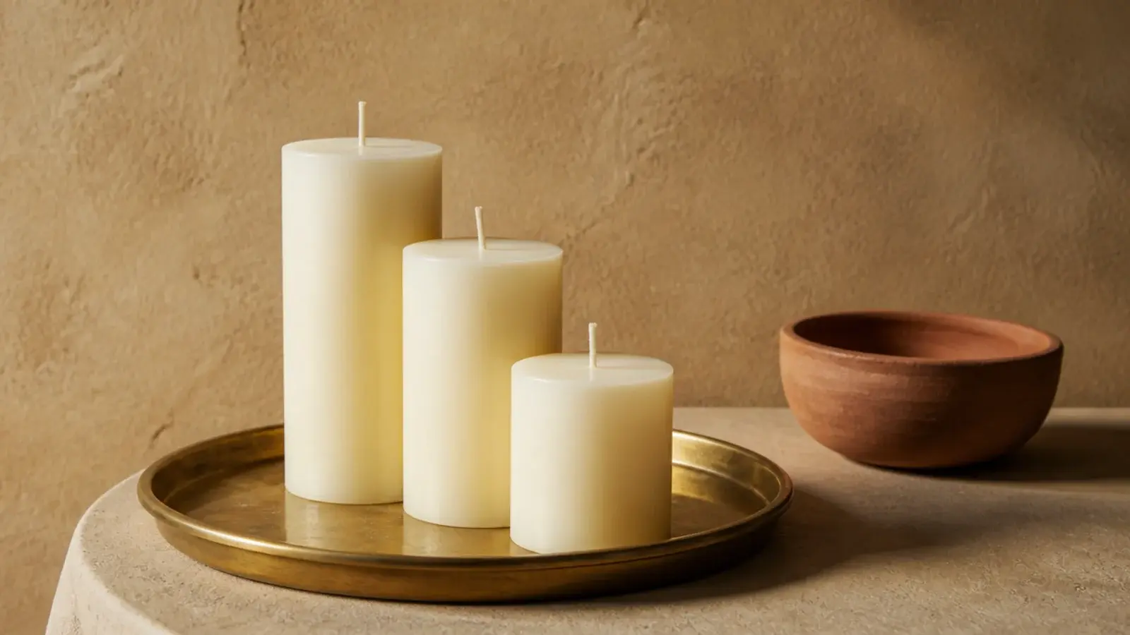 three cream pillar candles at stepped heights grouped on a round brass tray