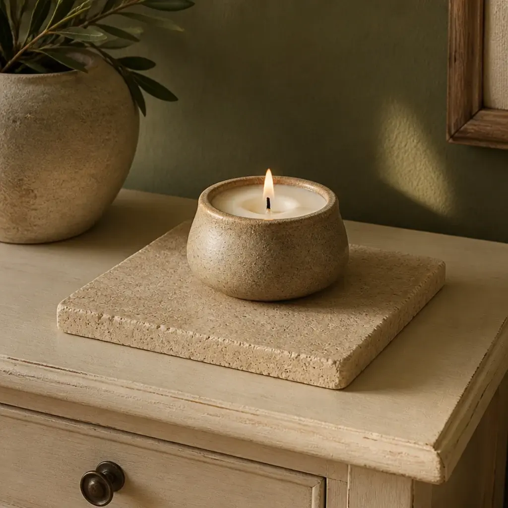square stone tile sample under a stoneware candle on a painted side table