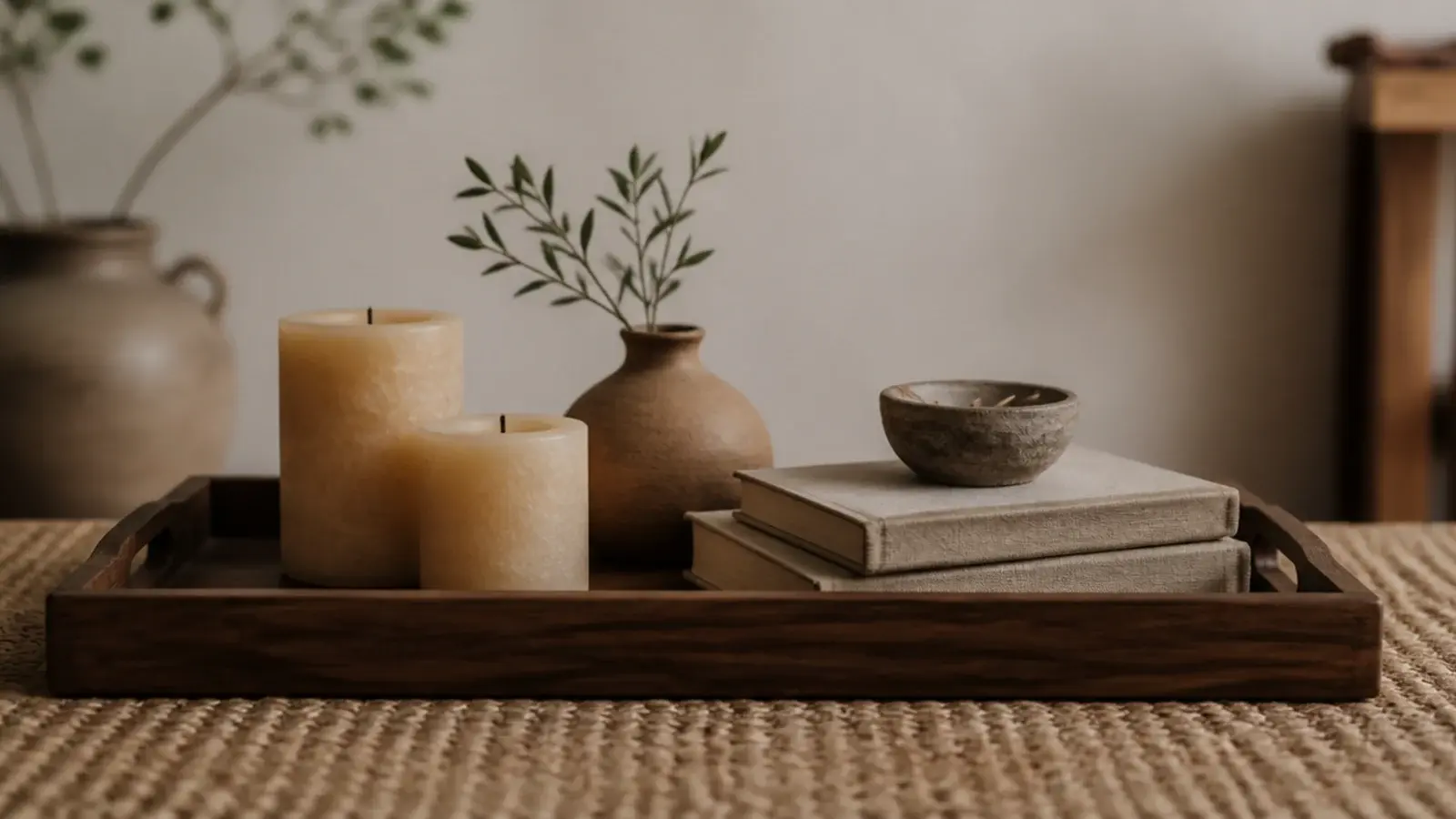 five candle objects grouped in odd numbers on a coffee table tray