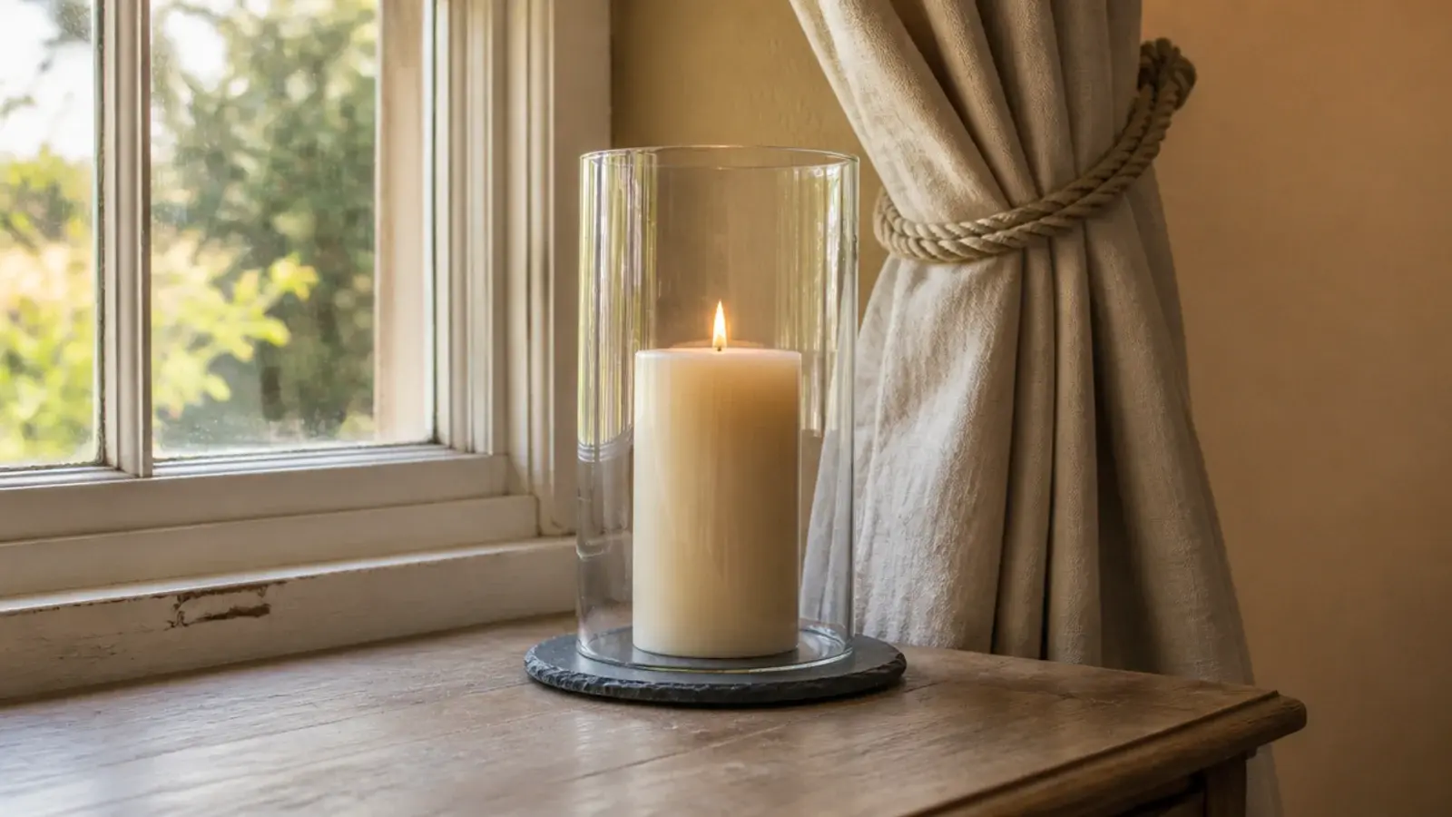 tall clear hurricane glass shielding a pillar candle beside a drafty window