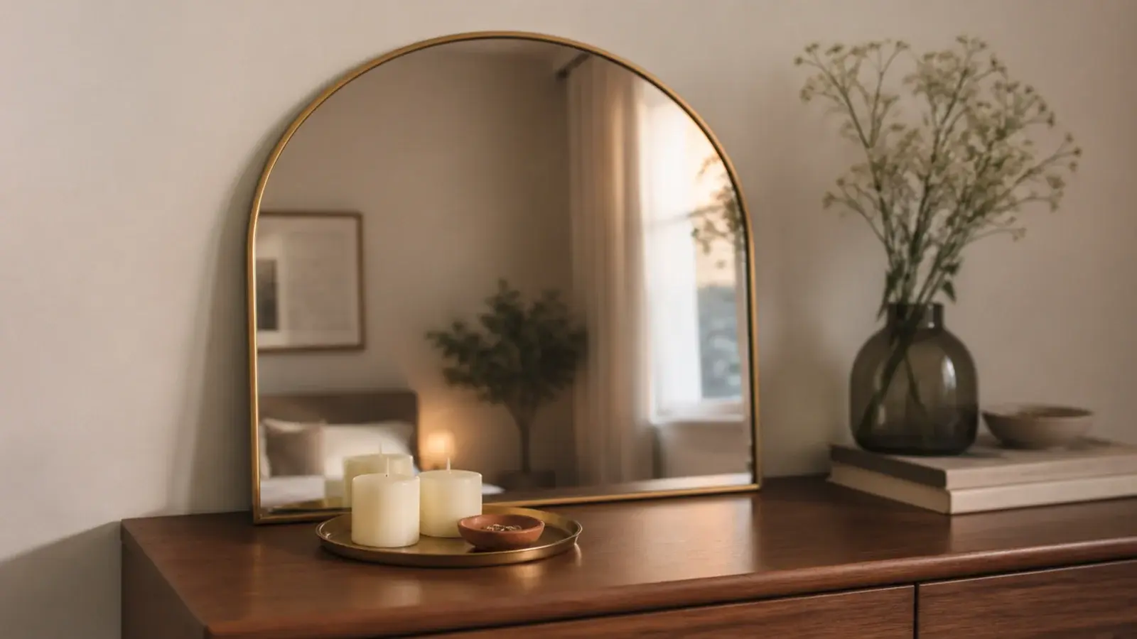 small candle tray on a dresser with an arched mirror leaning behind it