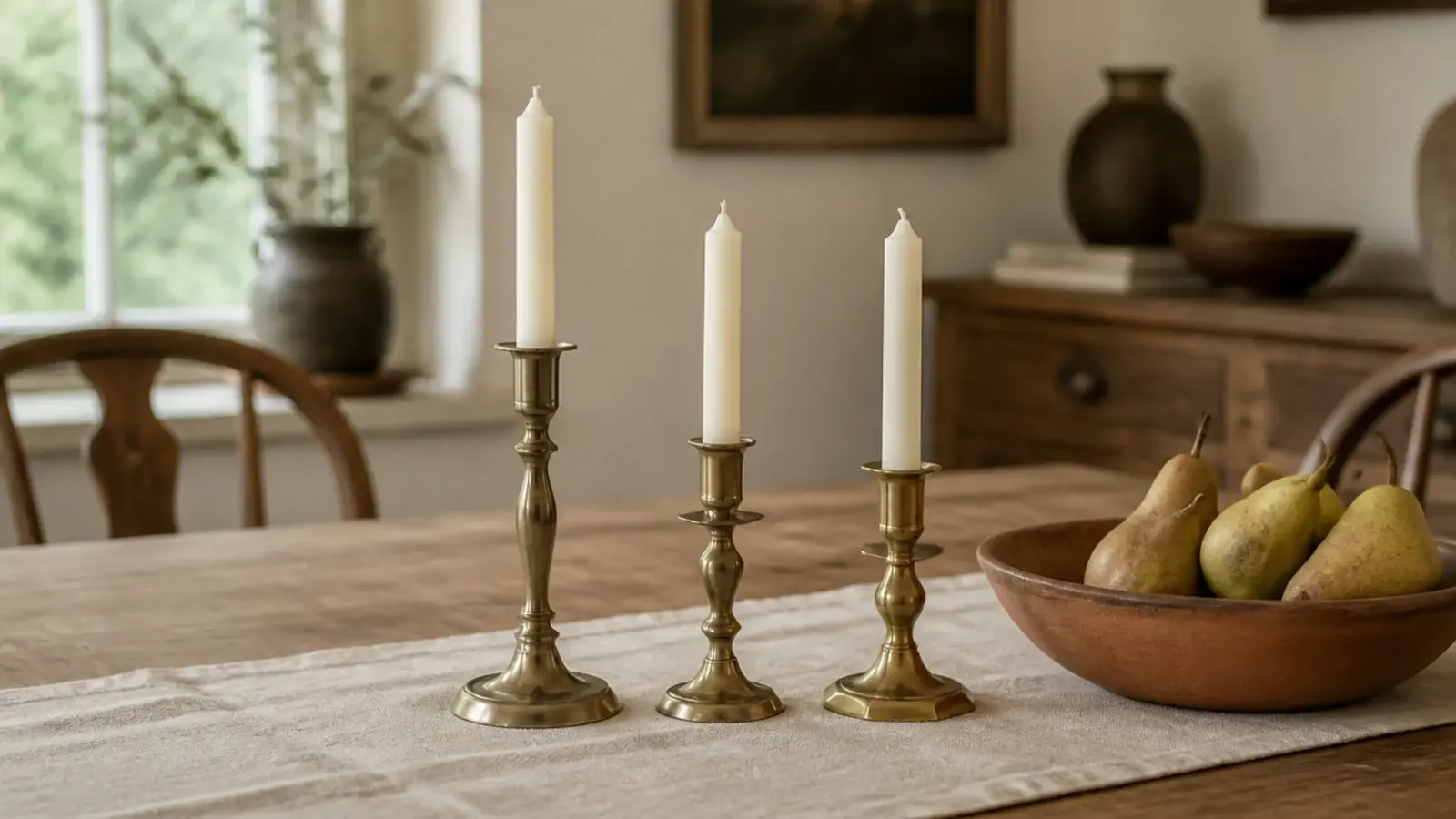 mismatched brass taper holders with unscented candles on a linen runner