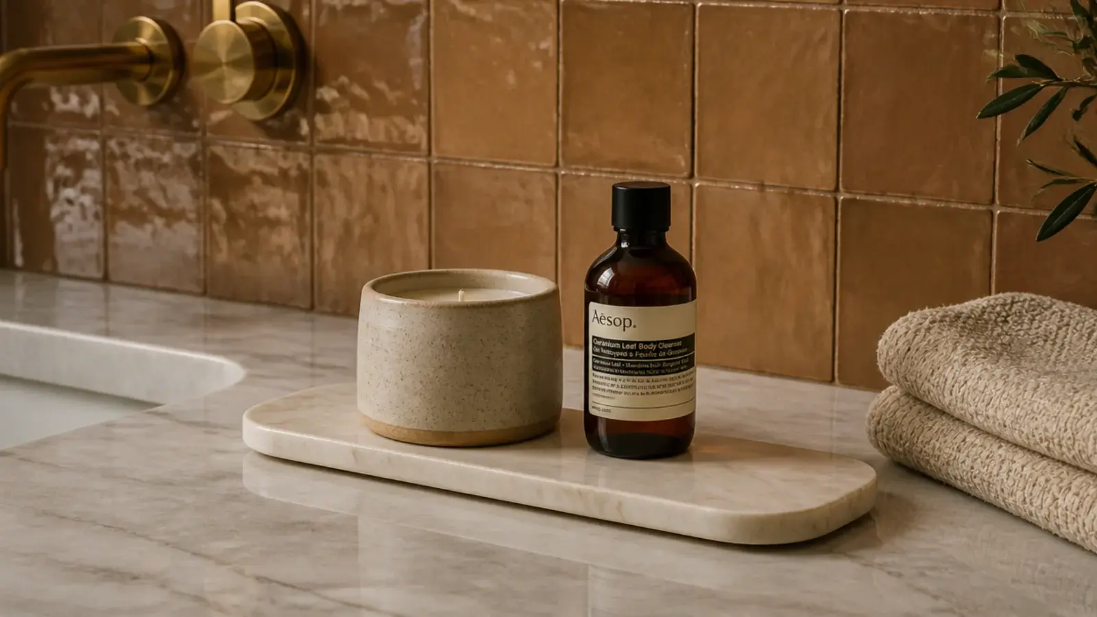 small marble candle tray on a bathroom counter with a stoneware candle