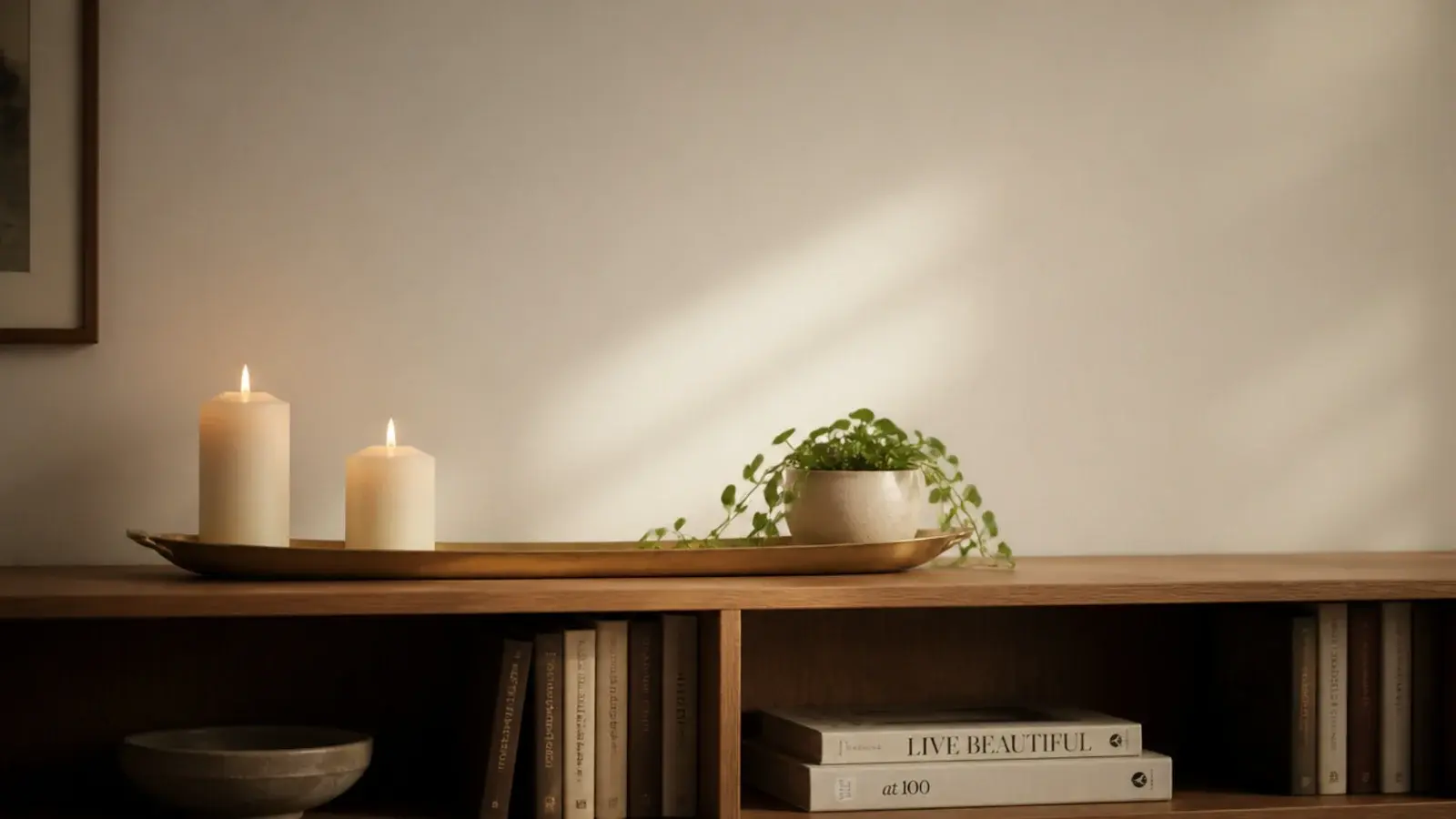 candle tray styling on a low oak bookcase top with clear air above