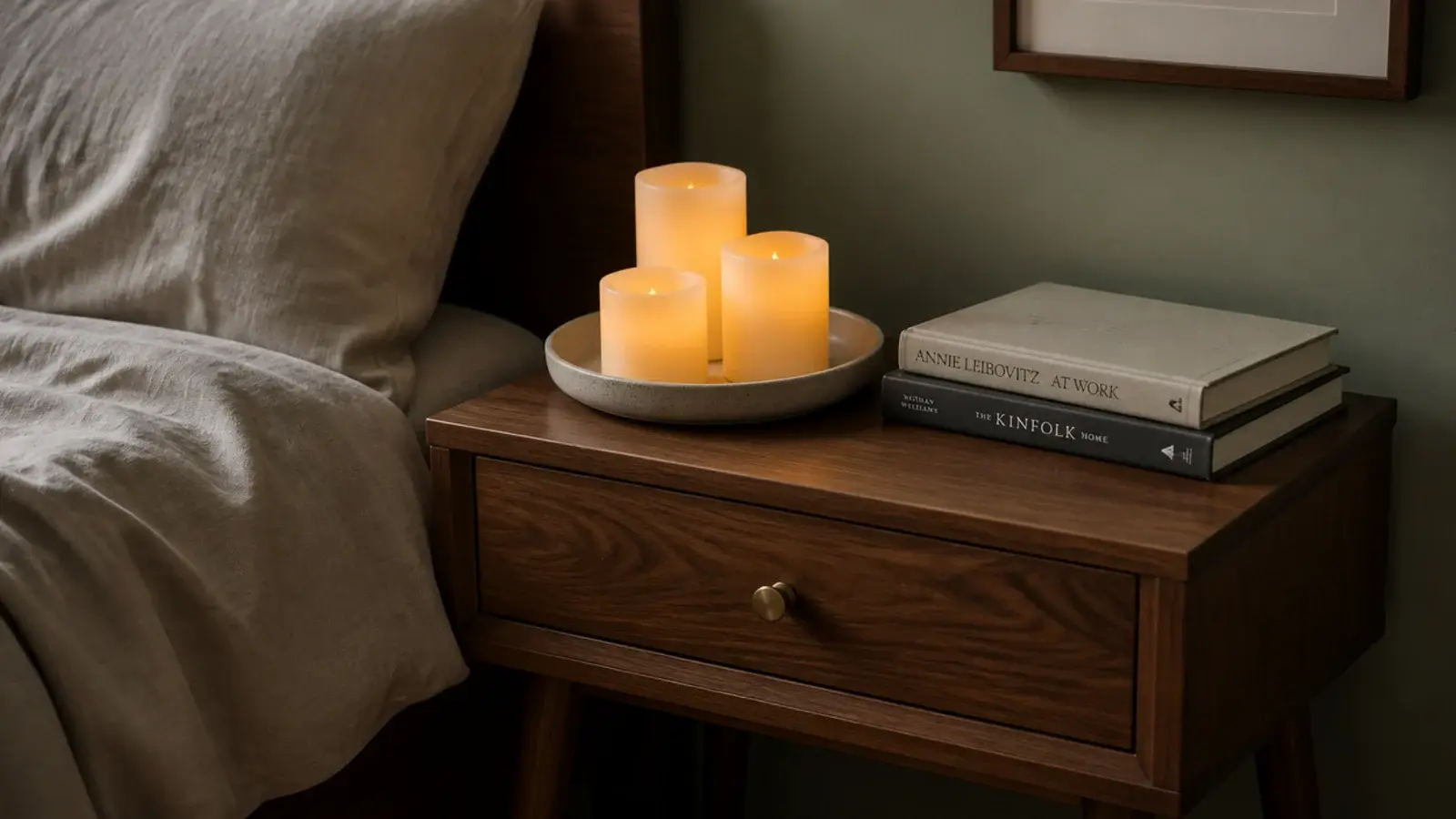 flameless wax candles glowing on a bedside tray beside linen bedding