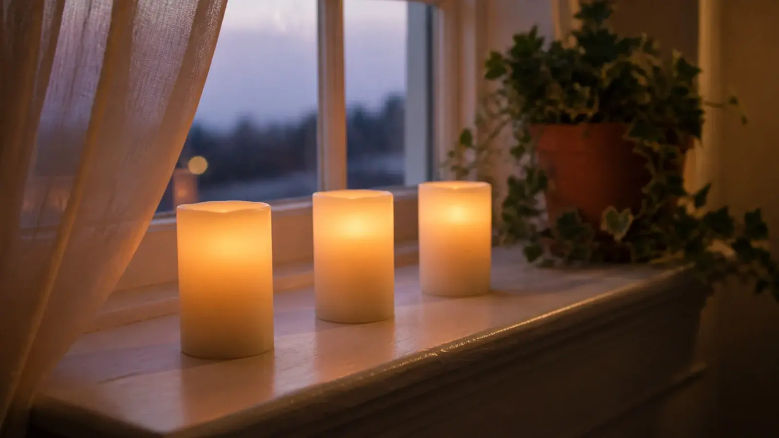flameless pillar candles lined along a windowsill behind sheer linen curtains