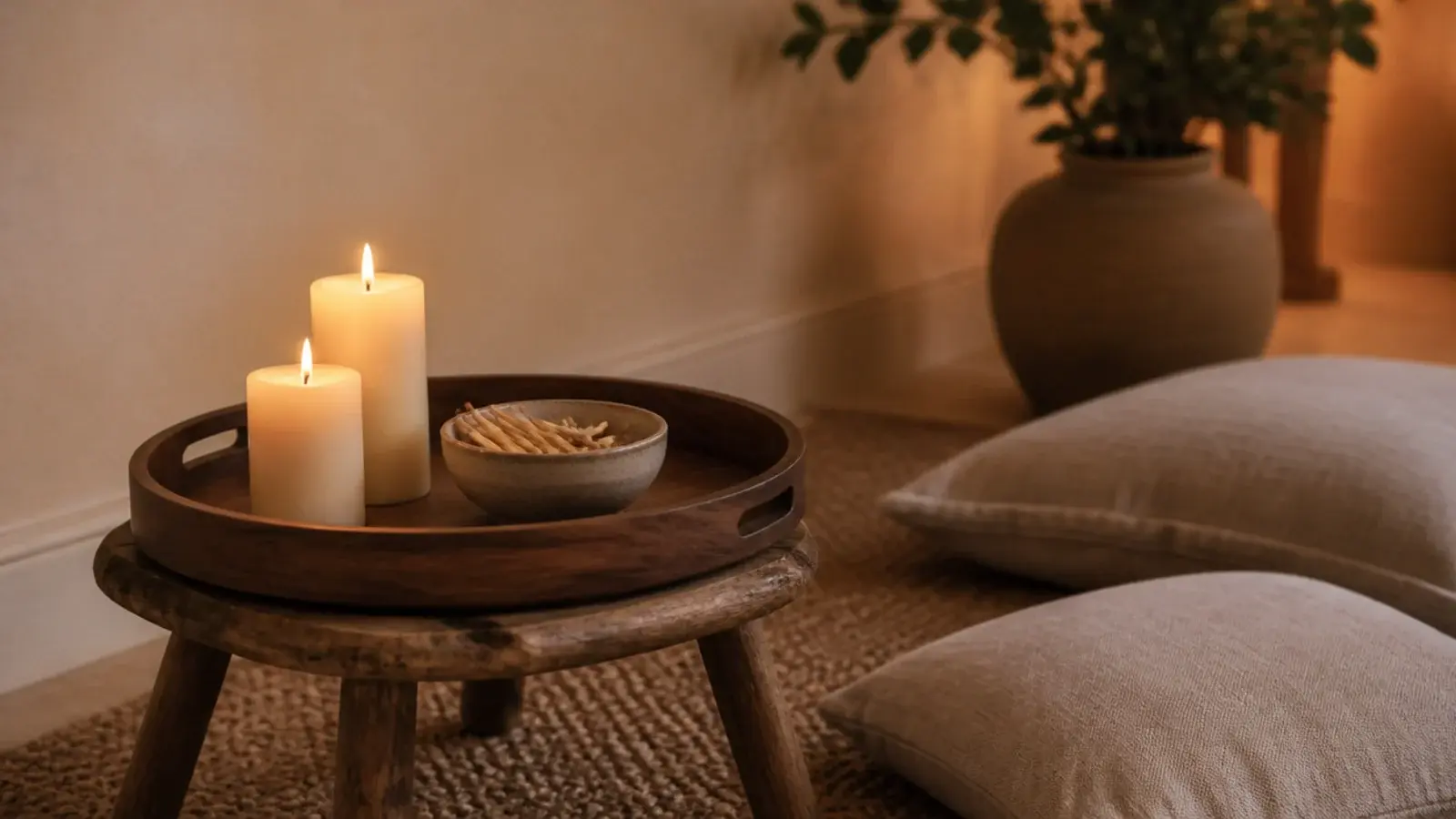 a portable candle tray being set down on a jute rug beside floor cushions