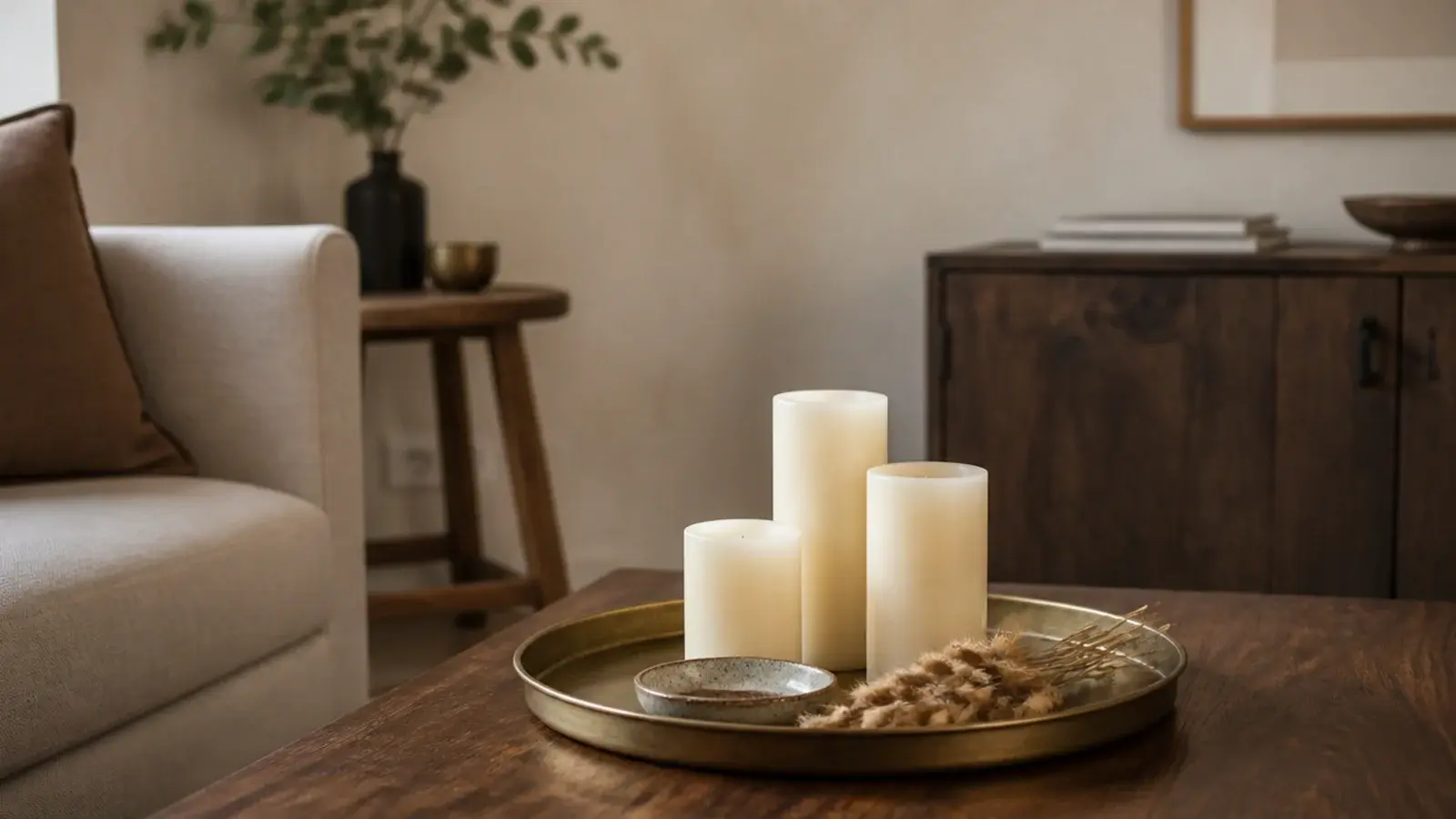 brass candle tray styling with three pillars at three heights on a walnut table