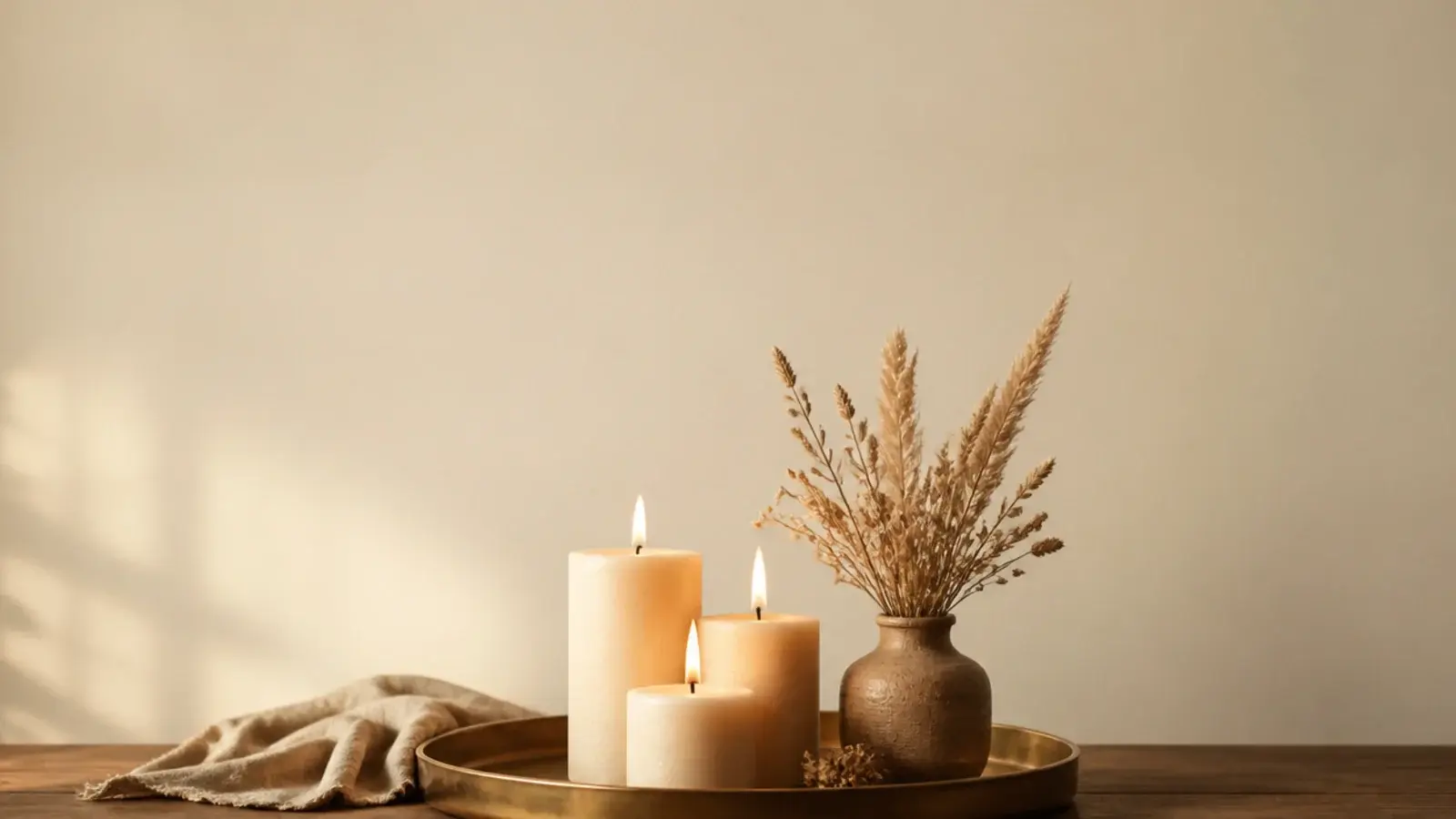 vertical candle tray styling scene with pillars and brass on a walnut table
