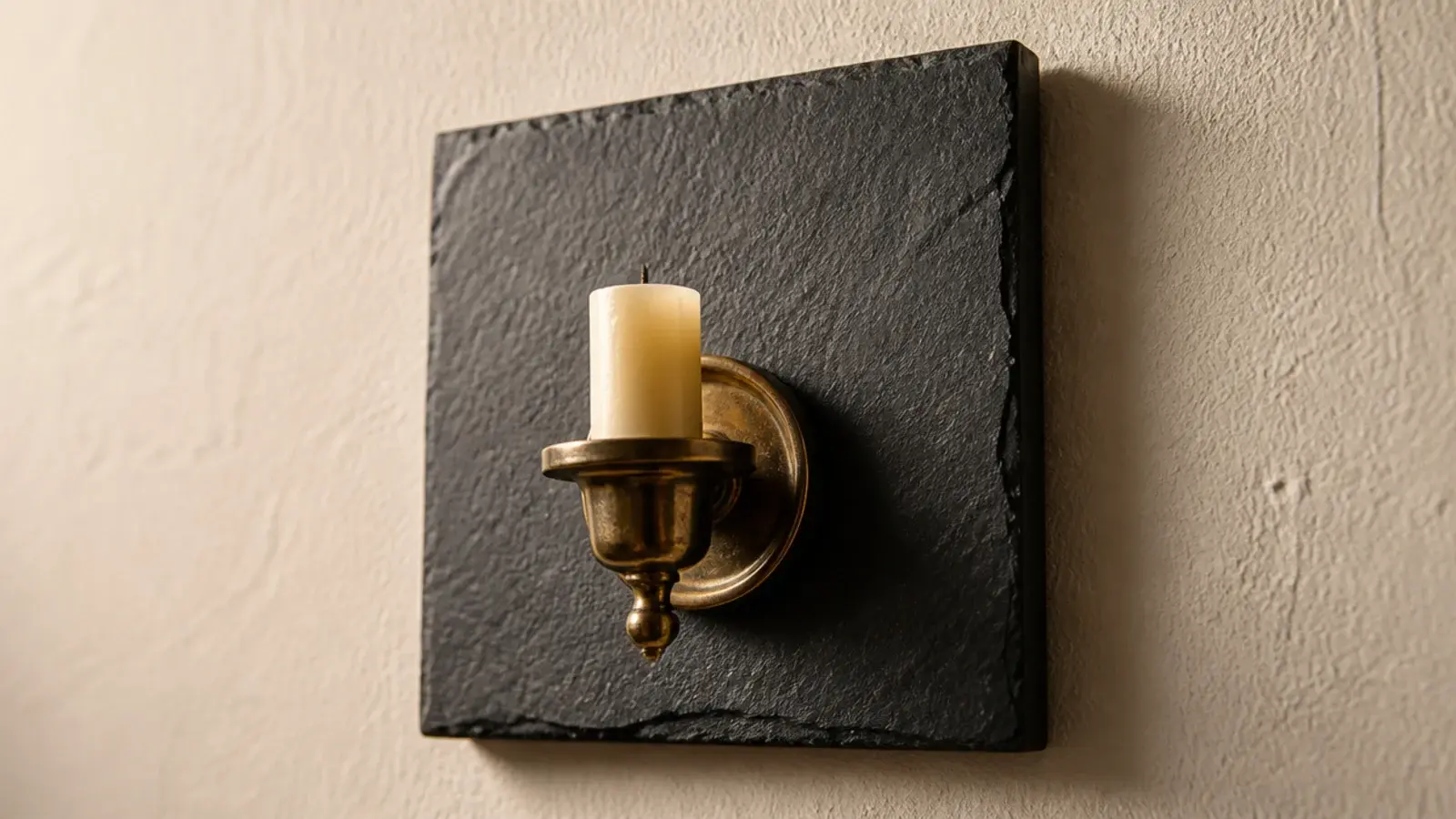 slate panel fixed to a wall behind a simple brass candle holder
