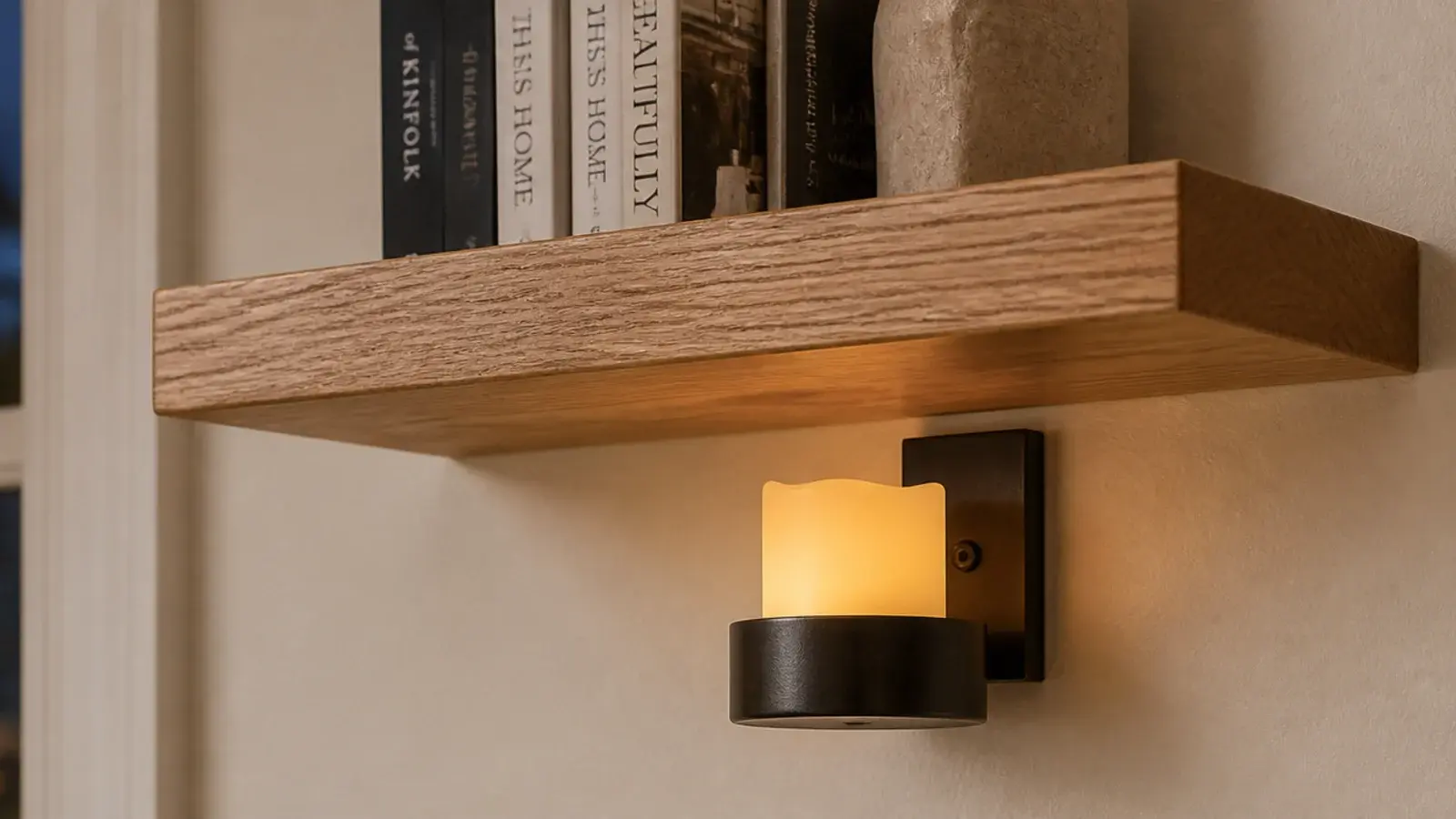 flameless candle sconce mounted beneath an oak floating shelf safely