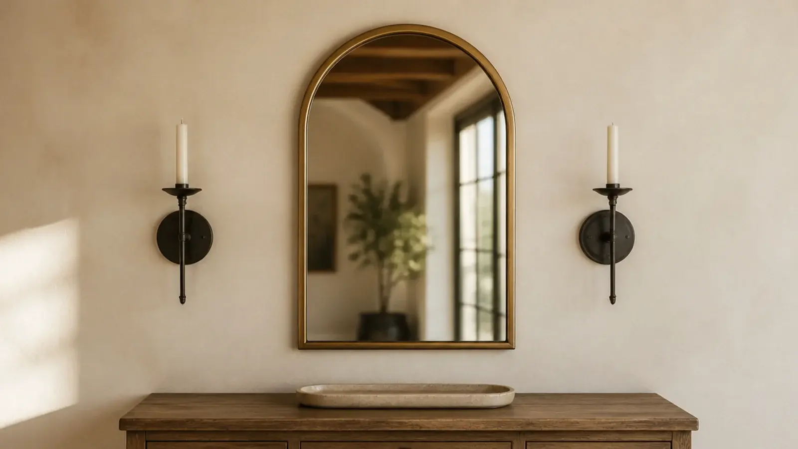 pair of metal wall sconces flanking an arched mirror on a plaster wall
