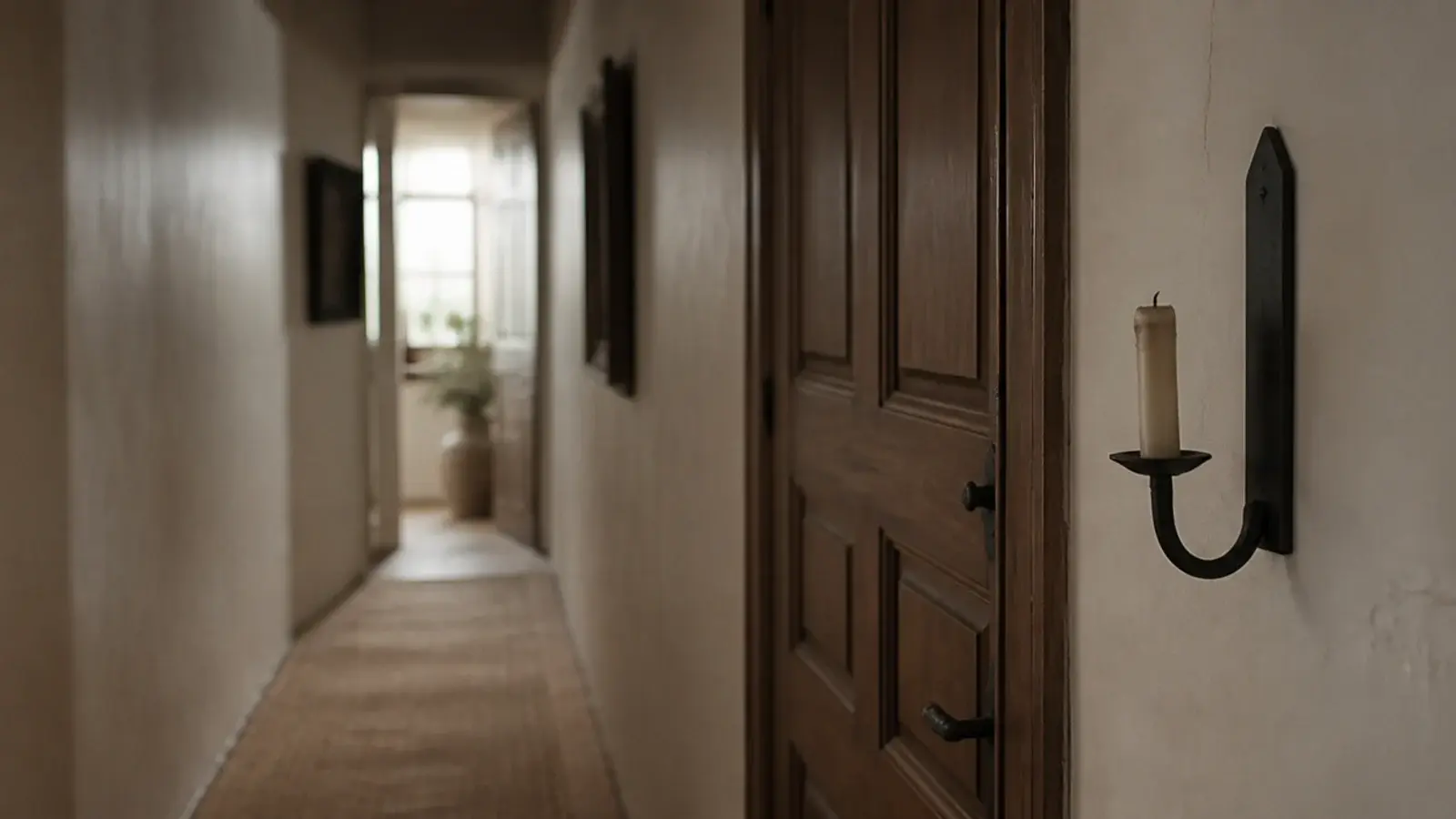 single iron candle sconce beside a panelled door in a hallway