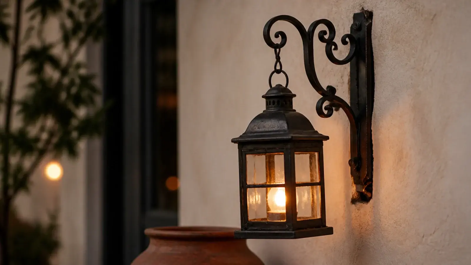 metal and glass lantern hanging from a wall hook away from the plaster