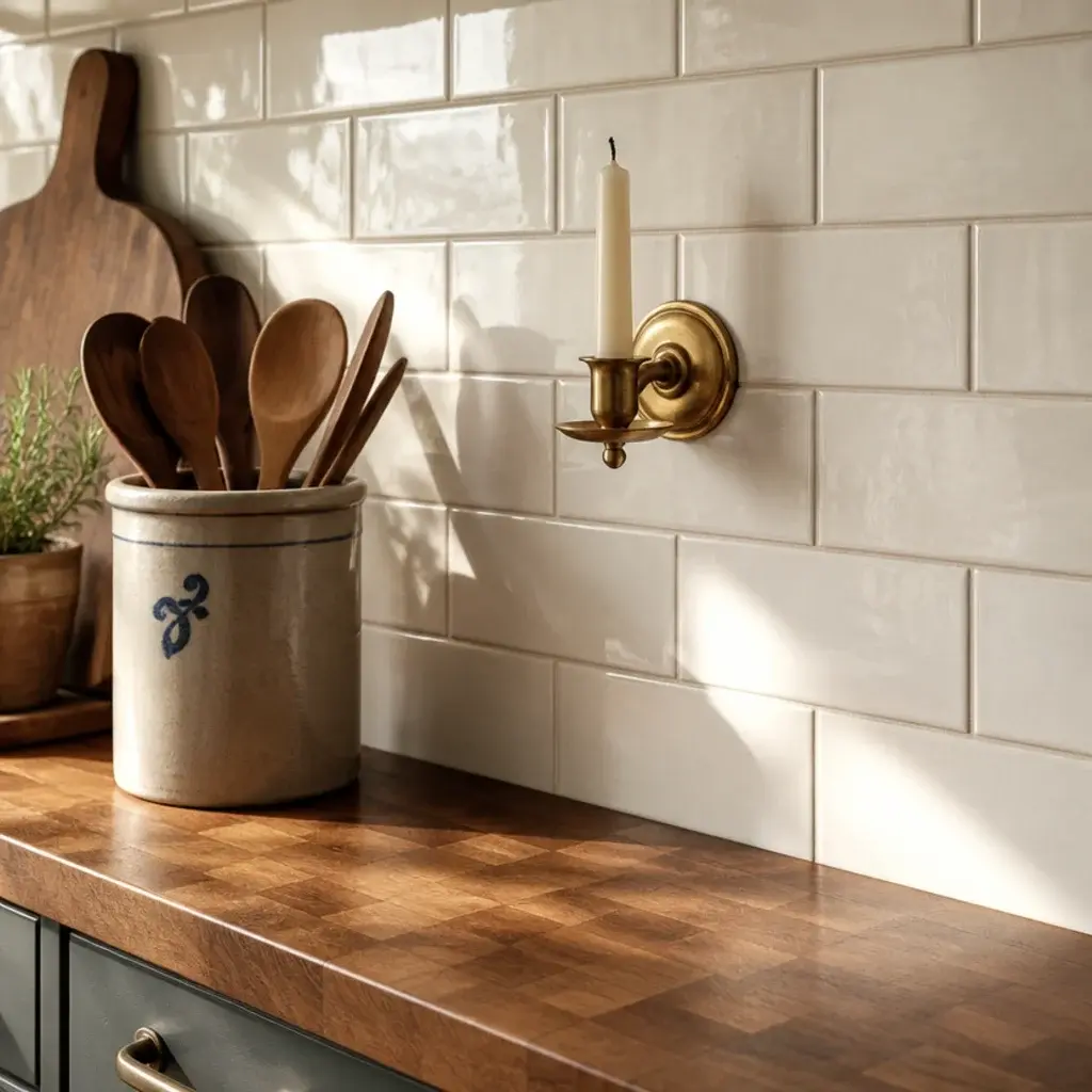 candle holder mounted on kitchen tile beside a butcher block counter
