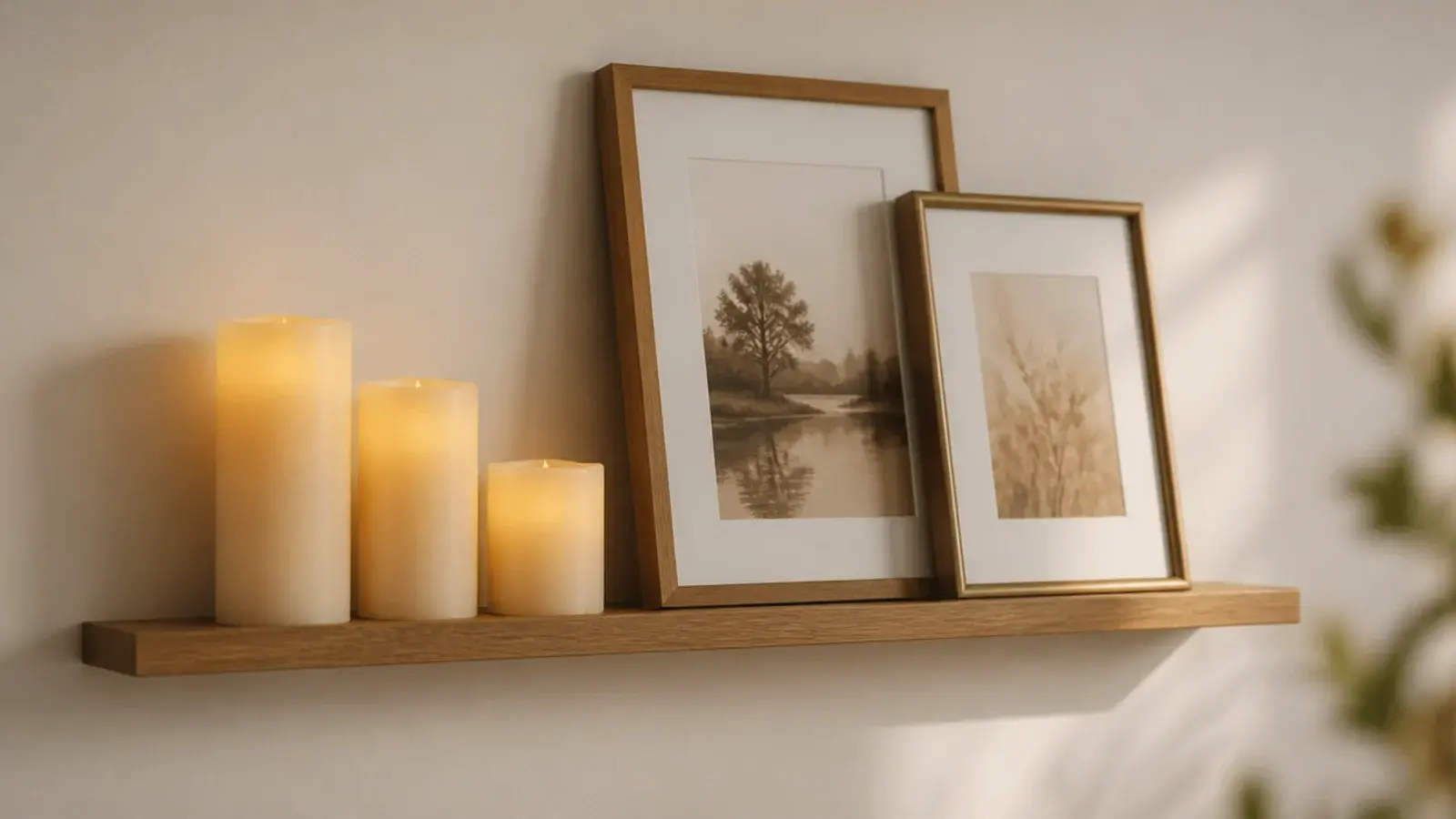 narrow picture ledge holding flameless pillar candles and leaning prints