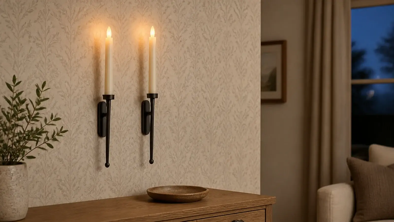 flameless taper candles in wall holders against patterned neutral wallpaper