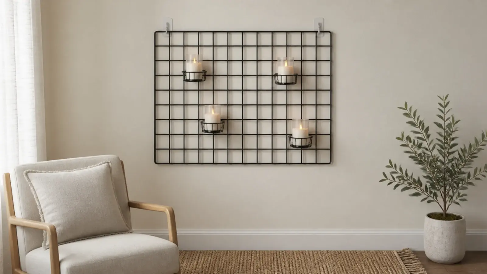 thin metal wall grid holding small flameless votives with no drilling