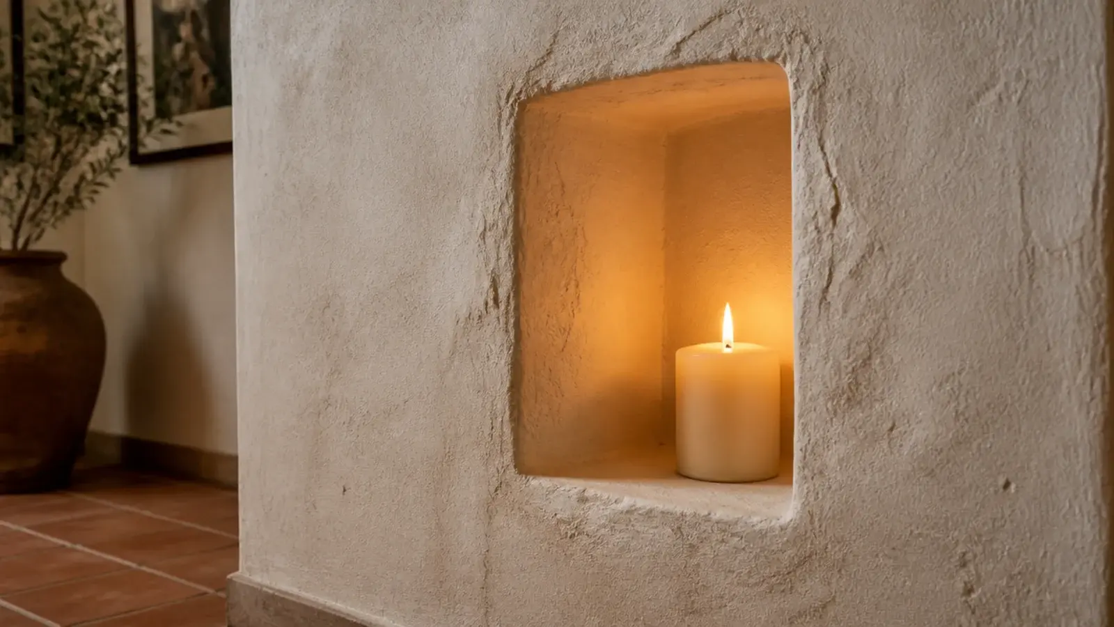 candle glowing inside a plastered masonry niche set into a thick wall