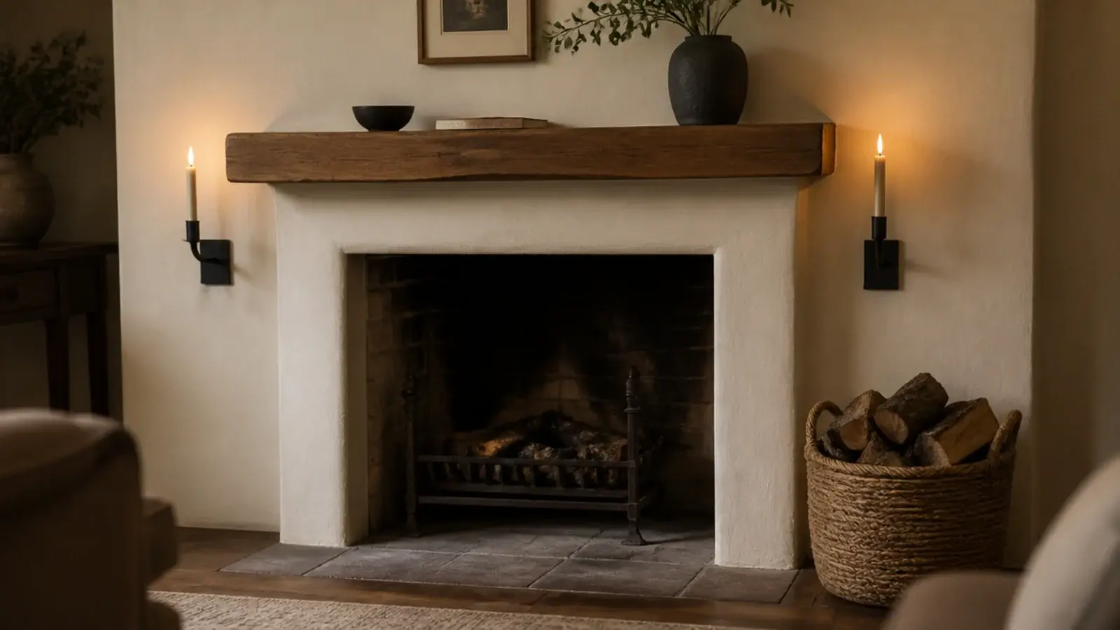 two candle sconces mounted either side of a plain plastered fireplace