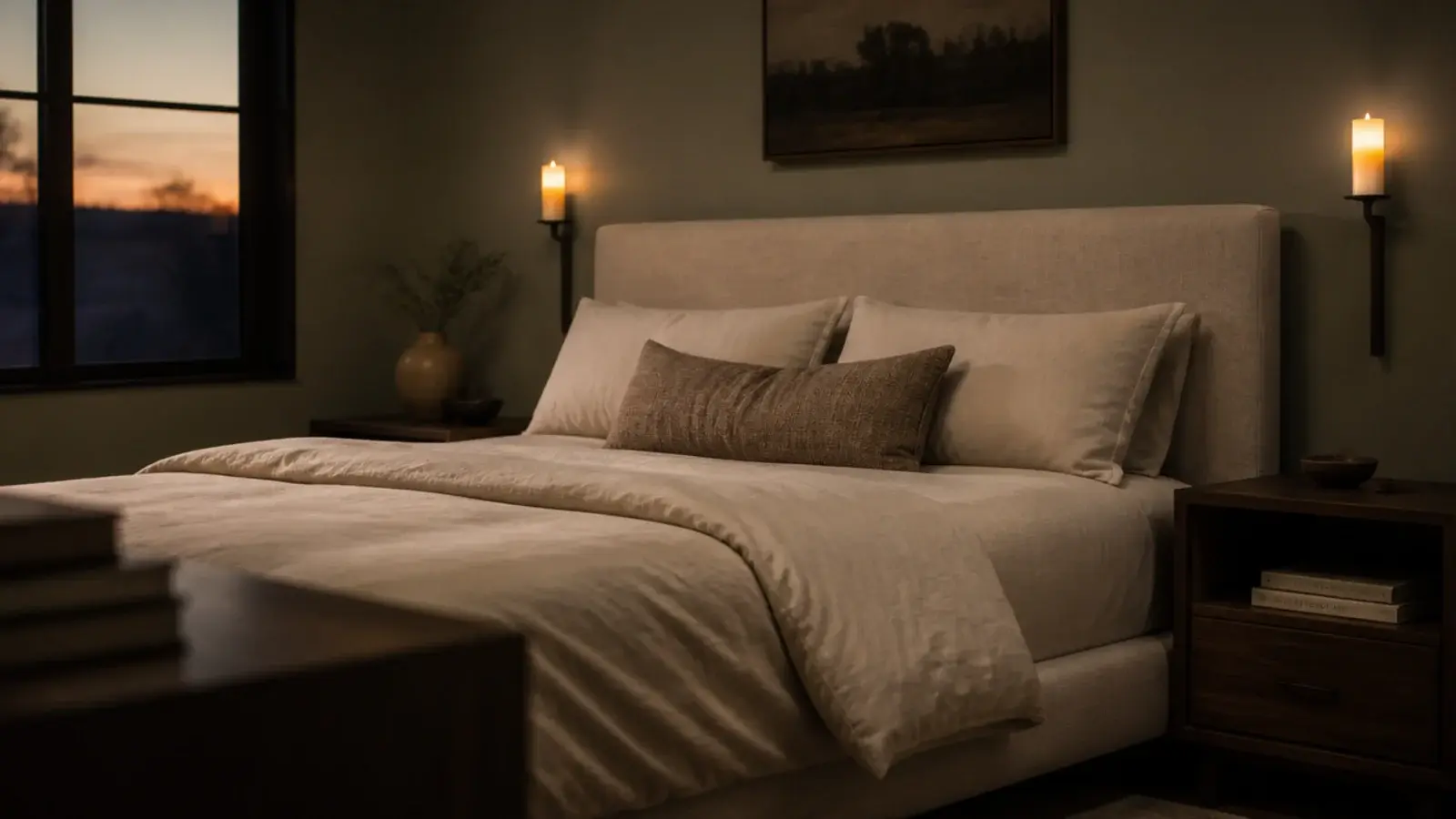 flameless wall candles glowing either side of a linen upholstered bed