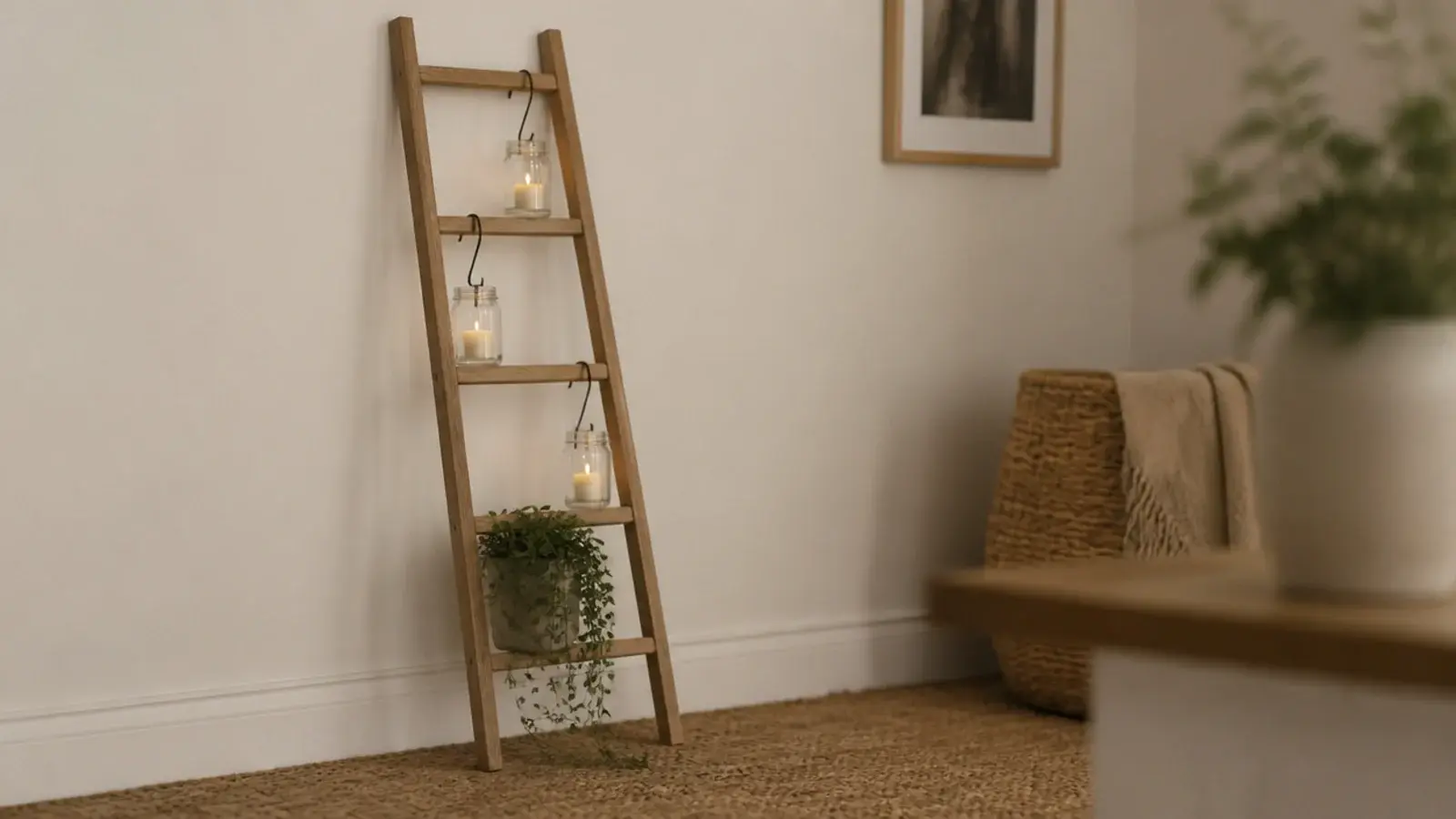 leaning wooden ladder against a wall holding flameless candles in jars
