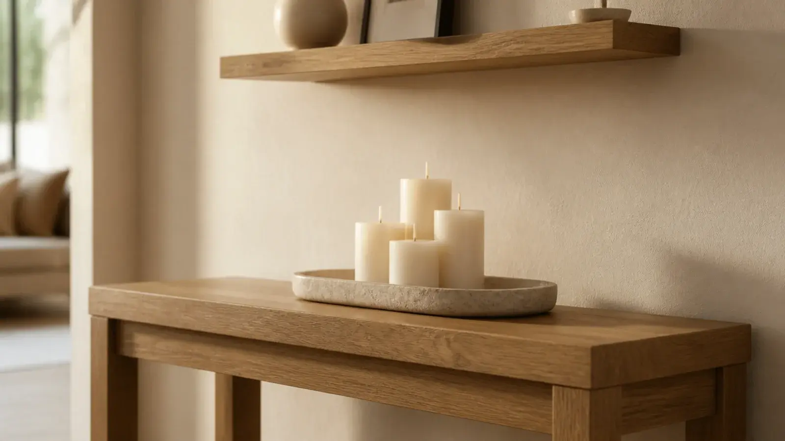 candles standing on a console below a wall shelf with clear air between