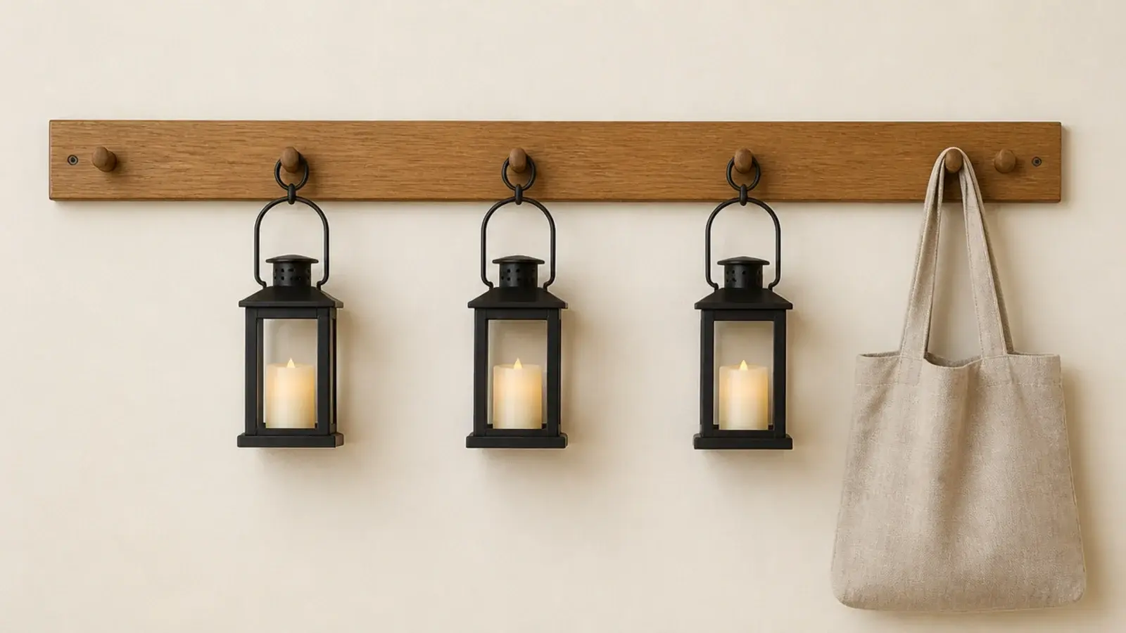 row of small lanterns hanging from a simple oak peg rail on a wall