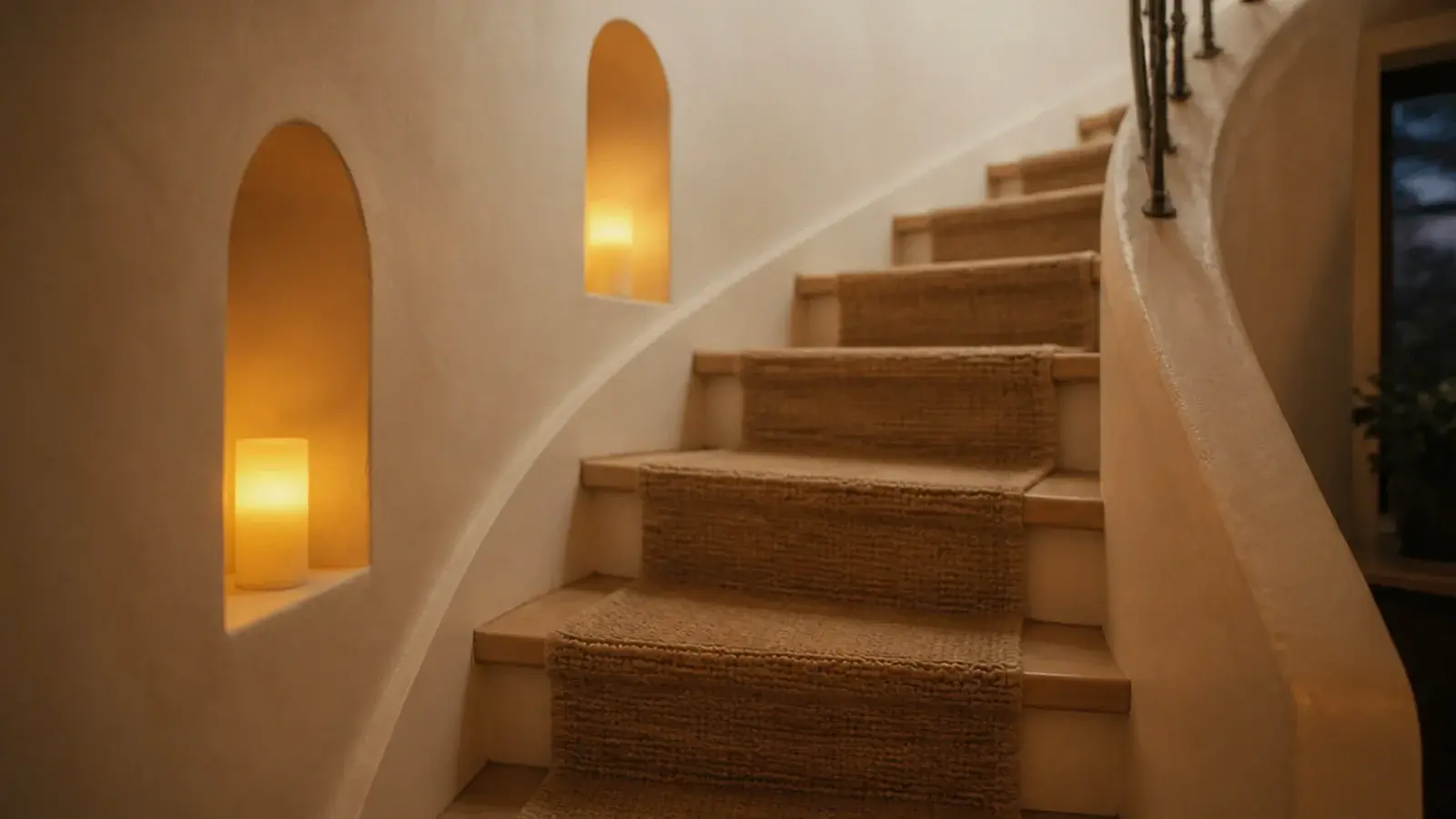 flameless candles glowing in wall niches along a plastered staircase