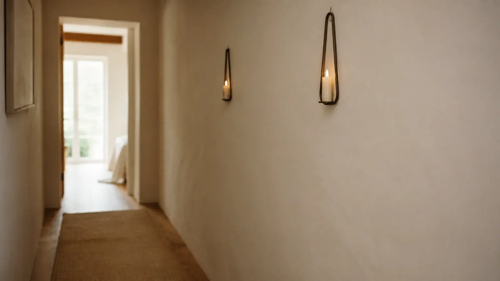slim wall candle holders set high above a narrow hallway walkway