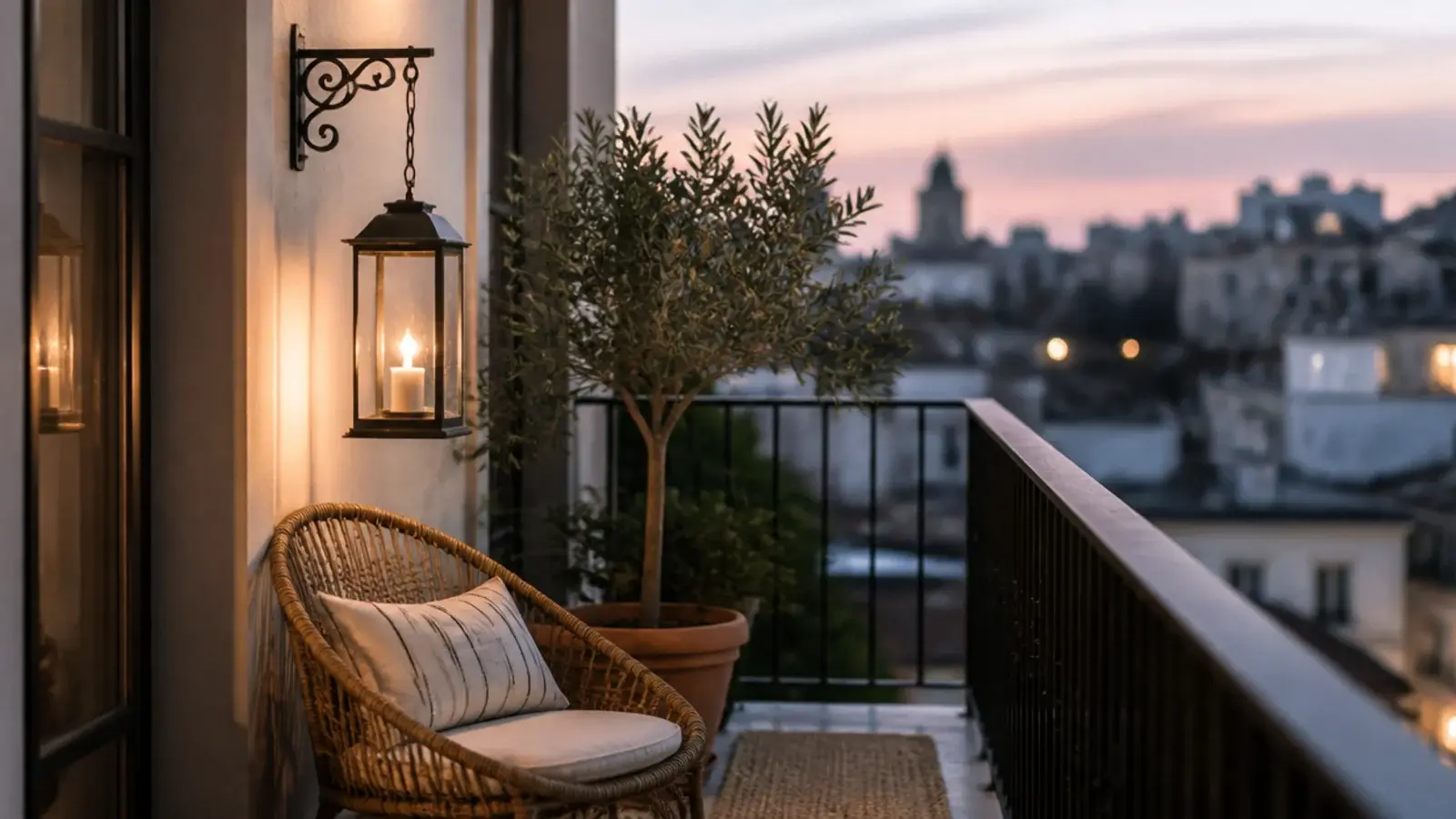 enclosed metal lantern hanging on a balcony wall in the evening breeze