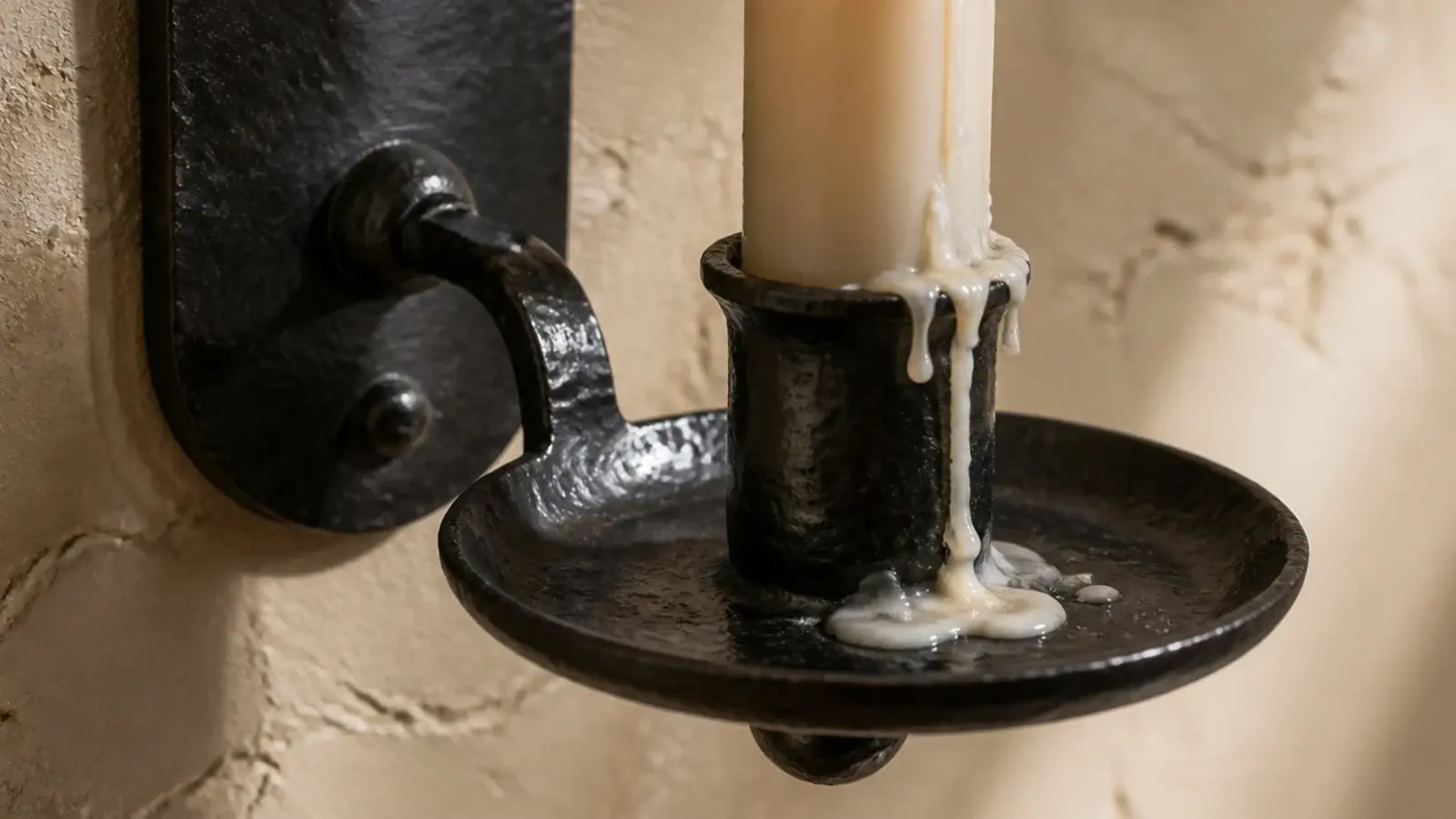 metal drip tray fixed beneath a wall candle holder catching wax